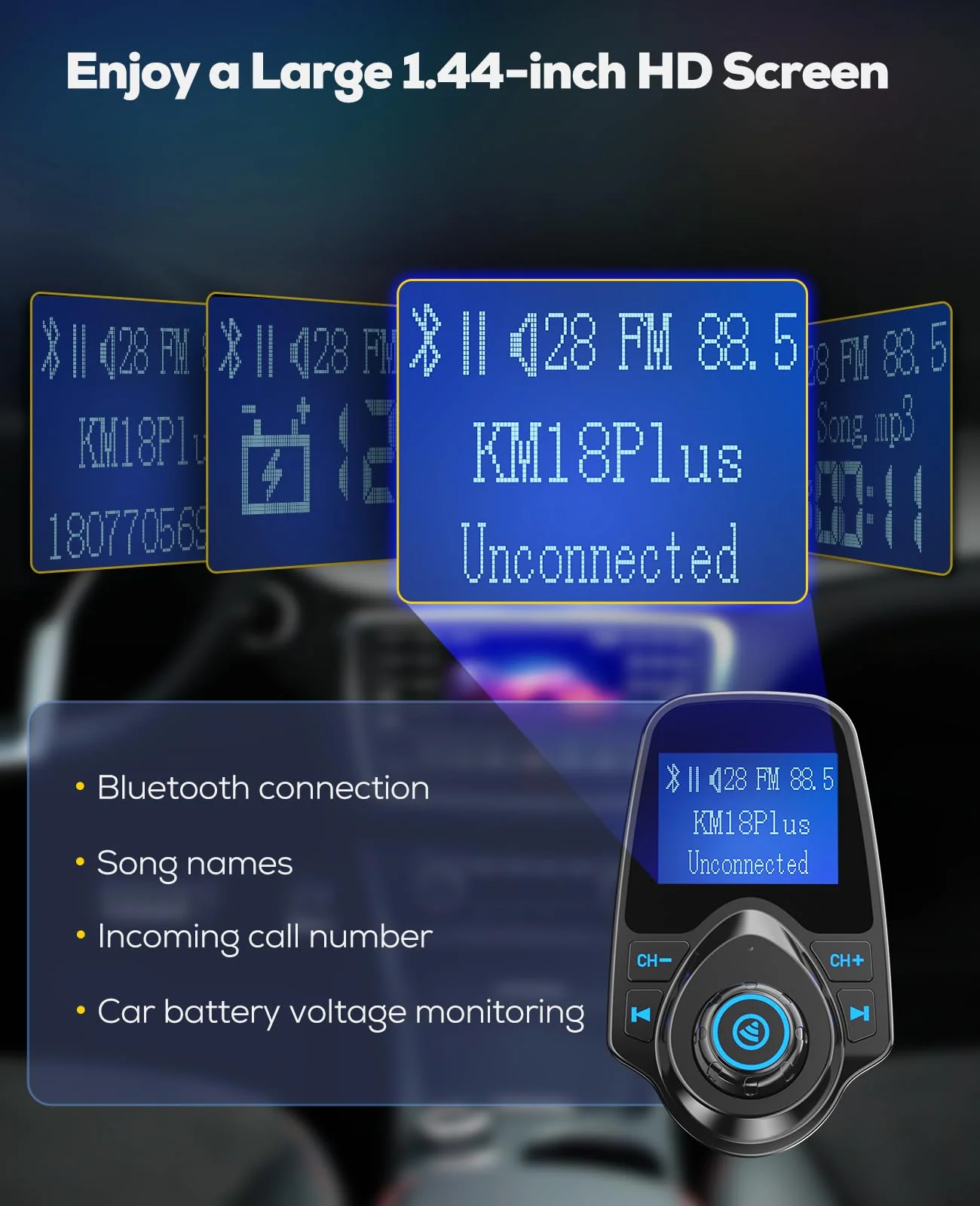 Nulaxy [2026 KM18 Upgraded Version] 48W Bluetooth 5.4 Car Adapter with Fasting Charging Ports [PD 30W & QC3.0 18W], Supports Hands-Free Call, 1.44" Screen Wireless Radio FM Transmitter, Black - Image 3