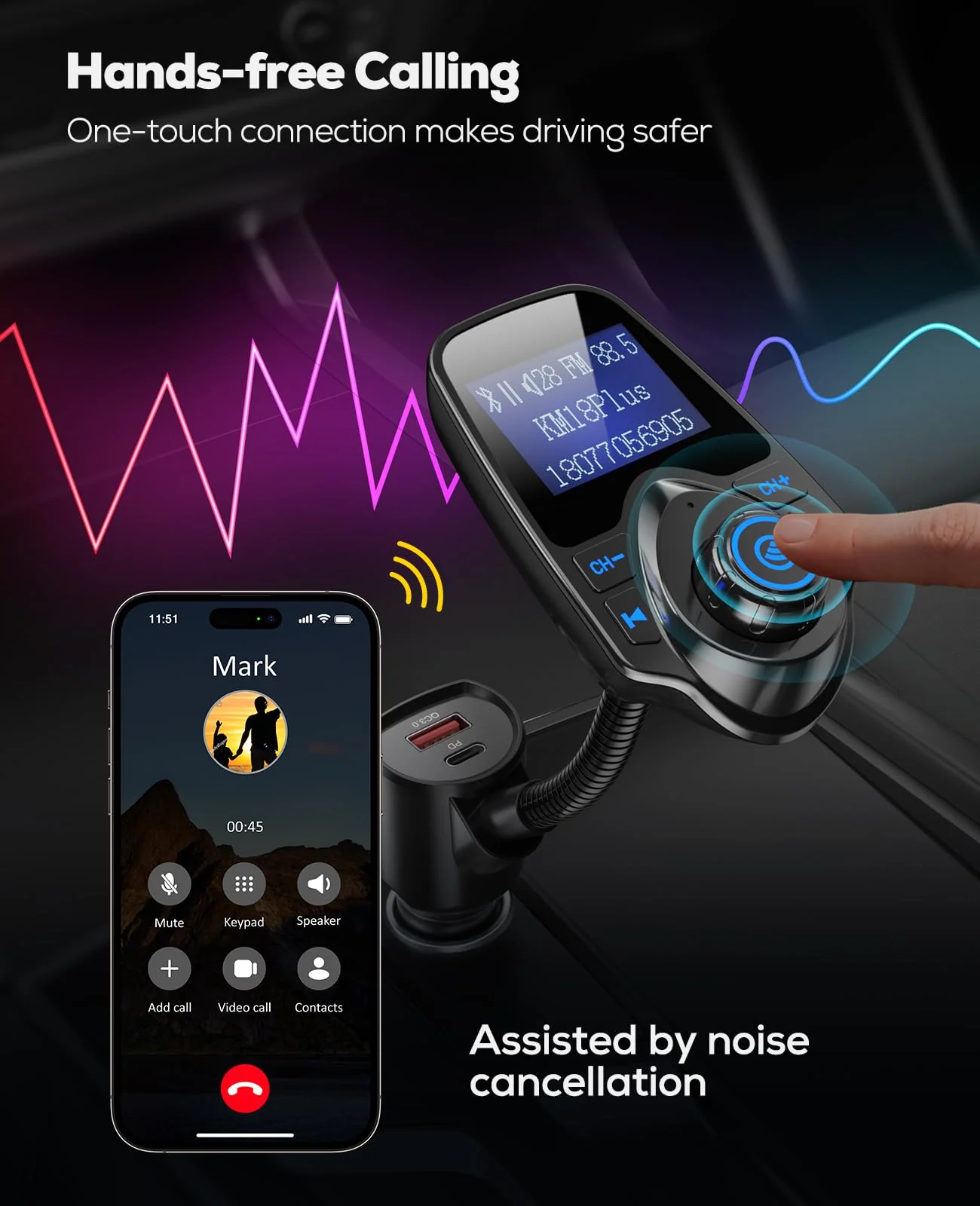 Nulaxy [2026 KM18 Upgraded Version] 48W Bluetooth 5.4 Car Adapter with Fasting Charging Ports [PD 30W & QC3.0 18W], Supports Hands-Free Call, 1.44" Screen Wireless Radio FM Transmitter, Black - Image 5