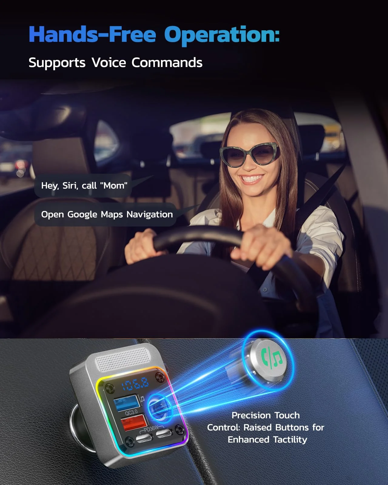 Nulaxy 54W Bluetooth 5.3 Car Adapter with 4 Charging Ports [PD 36W & QC3.0 18W], Wireless Radio FM Transmitter with Deep Bass Player & 5 Colors LED Backlit, Hands-Free Calling - Silver - Image 6