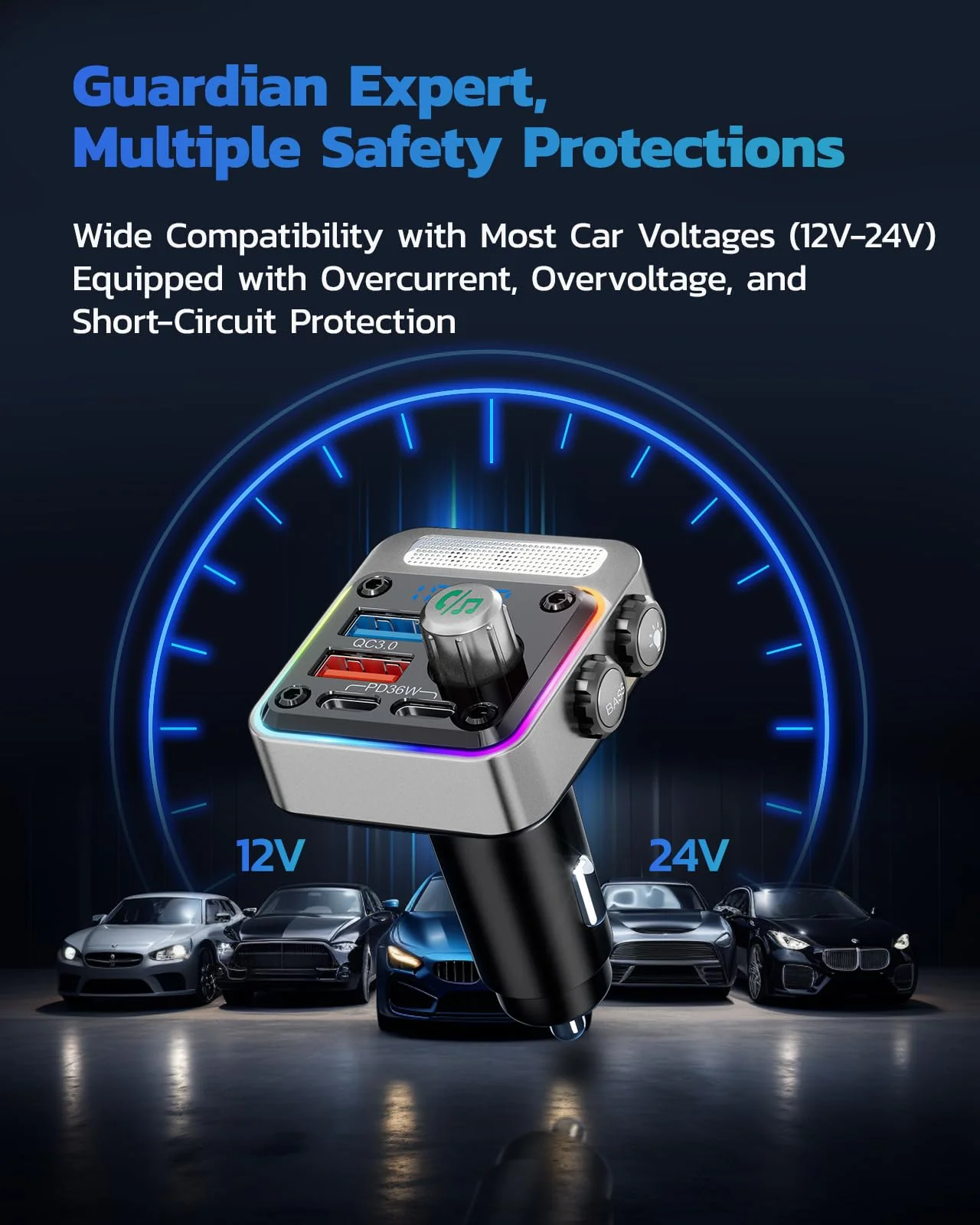Nulaxy 54W Bluetooth 5.3 Car Adapter with 4 Charging Ports [PD 36W & QC3.0 18W], Wireless Radio FM Transmitter with Deep Bass Player & 5 Colors LED Backlit, Hands-Free Calling - Silver - Image 8