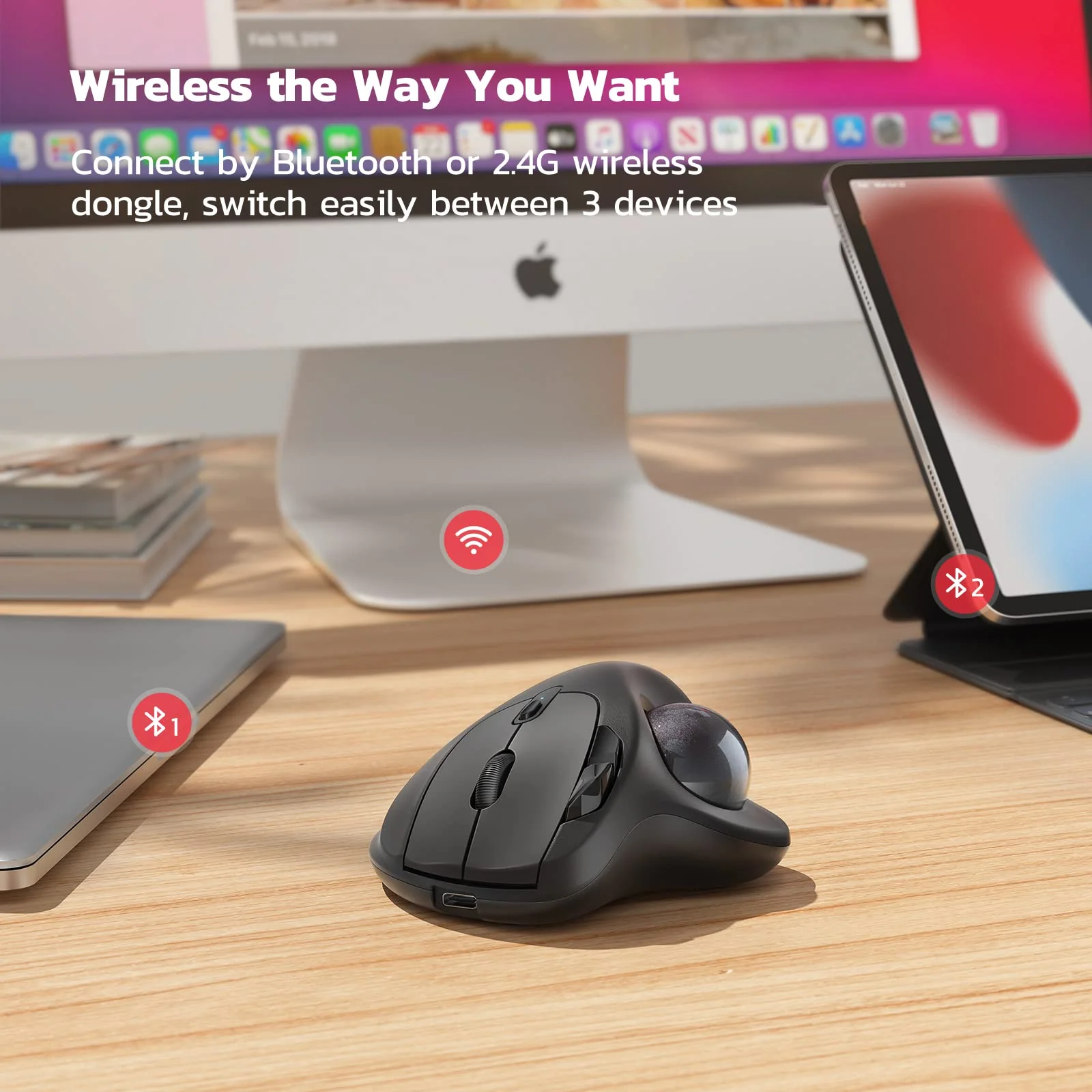 Nulea M501 Wireless Trackball Mouse, Rechargeable Ergonomic, Easy Thumb Control, Precise & Smooth Tracking, 3 Device Connection (Bluetooth or USB), Compatible for PC, Laptop, iPad, Mac, Windows. D-Black - Image 4