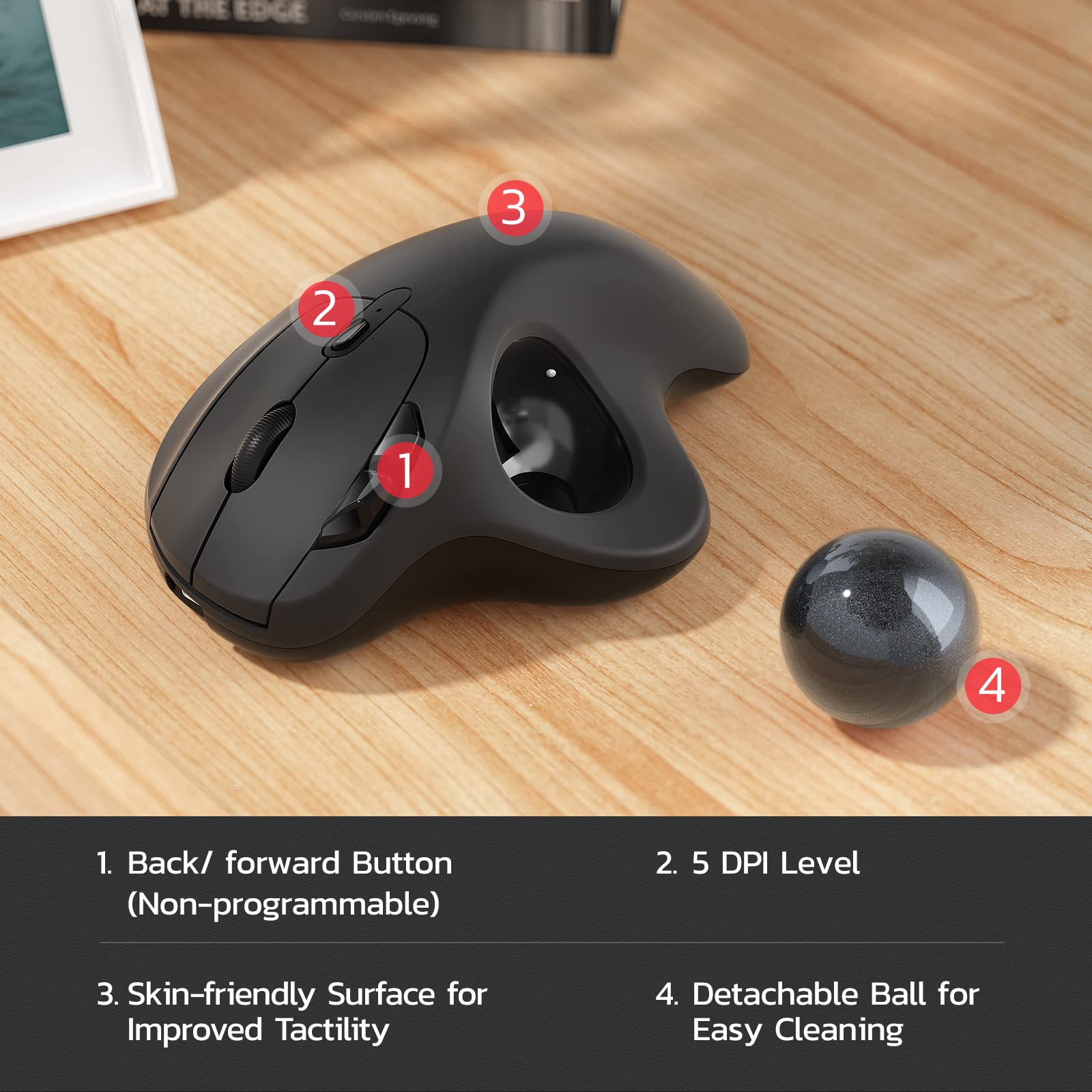 Nulea M501 Wireless Trackball Mouse, Rechargeable Ergonomic, Easy Thumb Control, Precise & Smooth Tracking, 3 Device Connection (Bluetooth or USB), Compatible for PC, Laptop, iPad, Mac, Windows. D-Black - Image 7