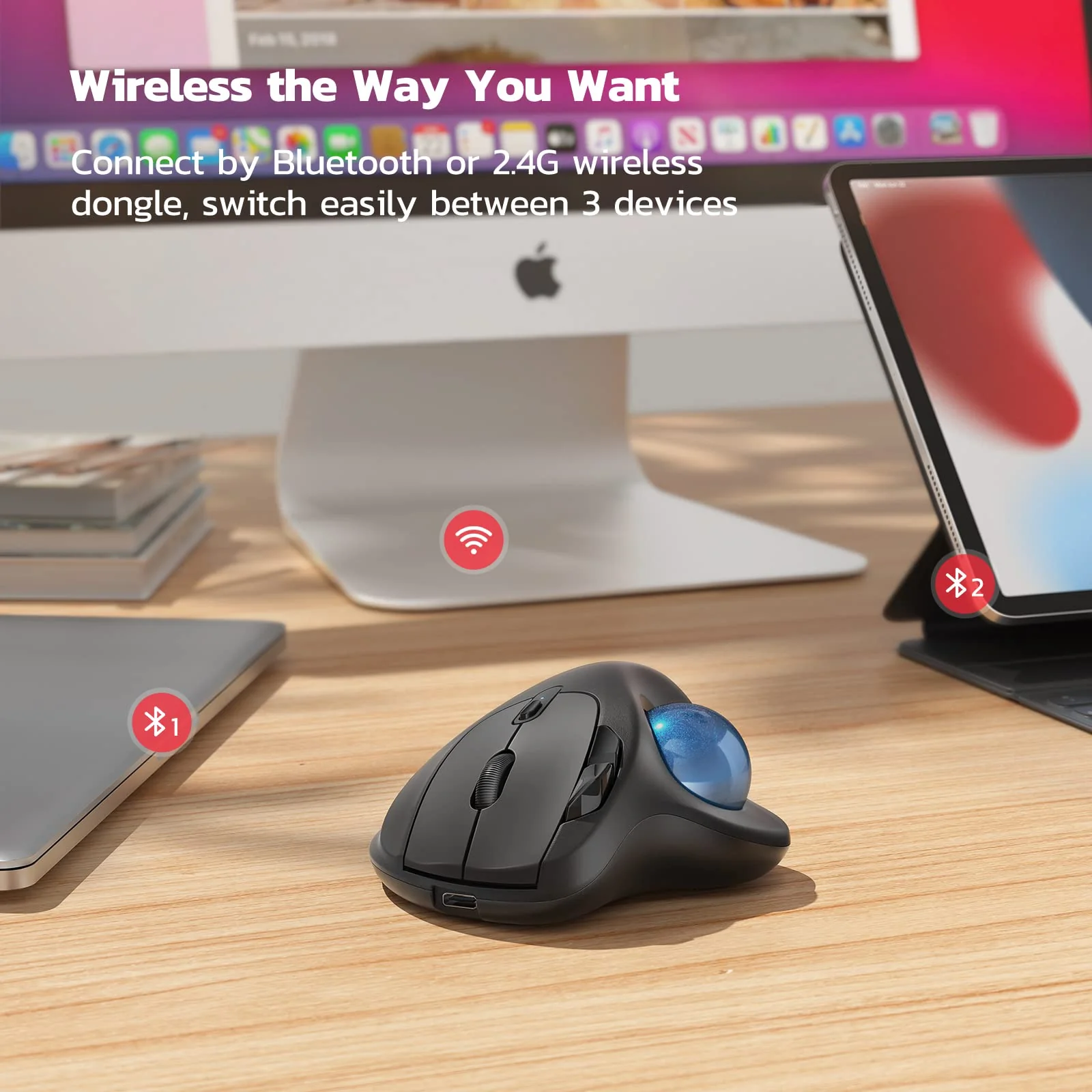 Nulea M501 Wireless Trackball Mouse, Rechargeable Ergonomic, Easy Thumb Control, Precise & Smooth Tracking, 3 Device Connection (Bluetooth or USB Receiver), Compatible for PC, Laptop, Mac, Windows. B-Blue - Image 4