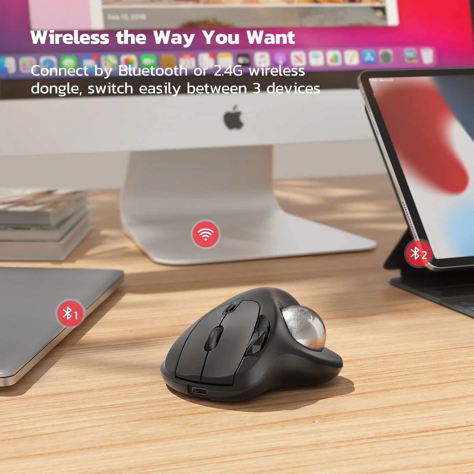 Nulea M501 Wireless Trackball Mouse, Rechargeable Ergonomic, Easy Thumb Control, Precise & Smooth Tracking, 3 Device Connection (Bluetooth or USB Receiver), Compatible for PC, Laptop, Mac, Windows. G-Silver - Image 4