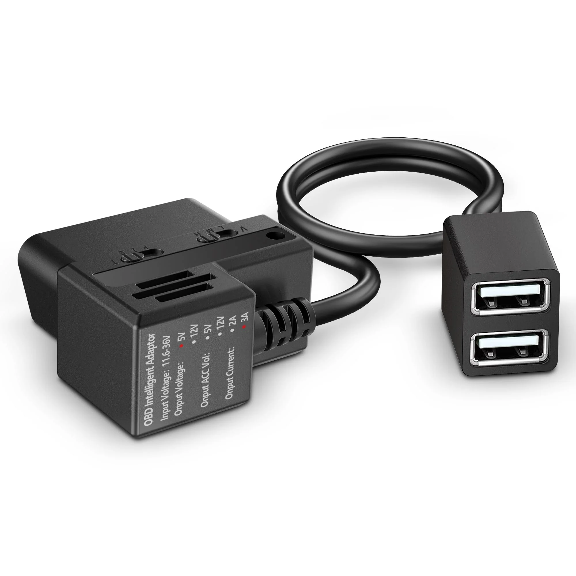 OBD Constant Power Cable for Dash Camera,Compatible with Garmin Dash Cam,OBDII Adapter Cable with Dual USB Interfaces,24 Hours Surveillance/Acc Mode with Low Voltage Protection 11.6-36V to 5V 3A OBD Constant Power Cable