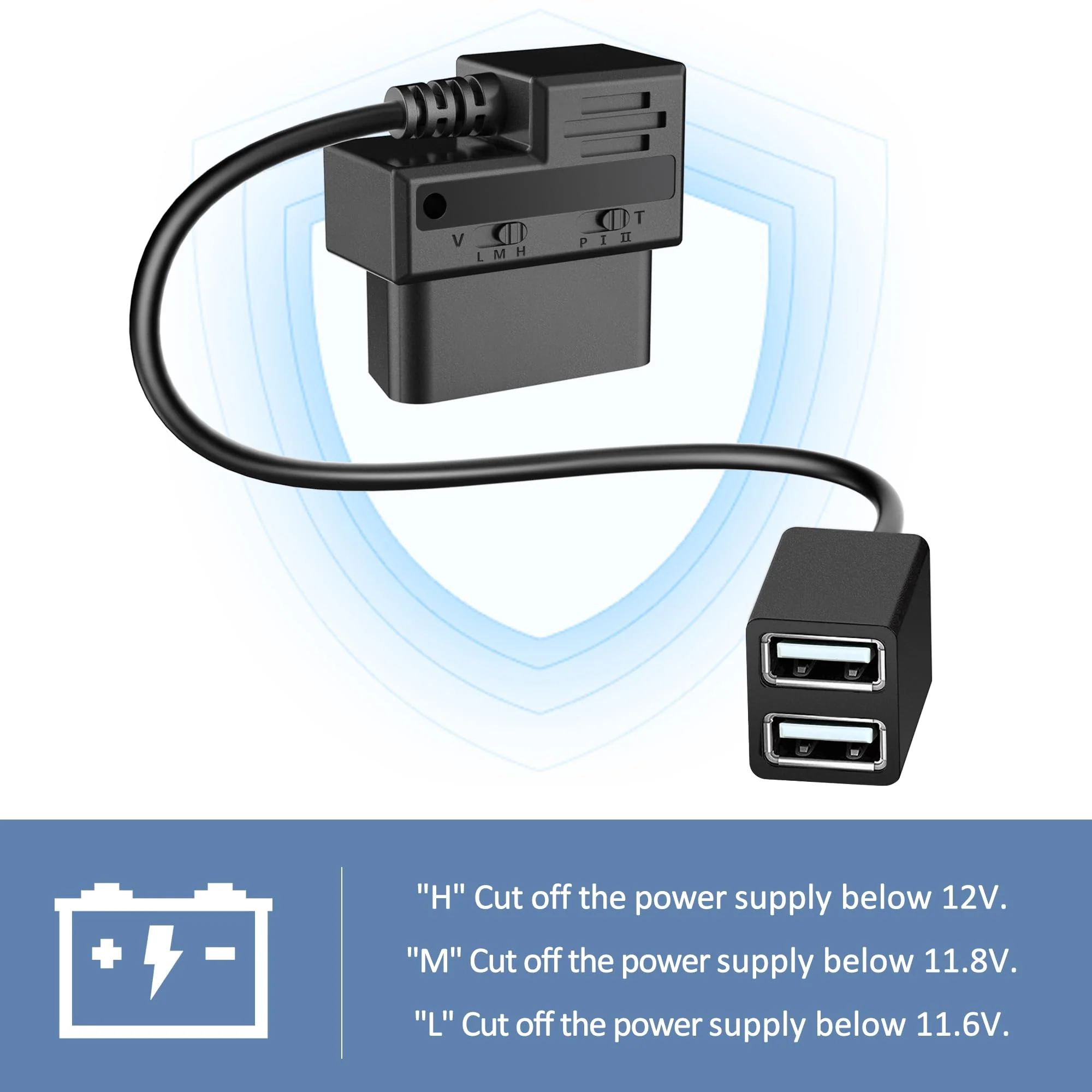 OBD Constant Power Cable for Dash Camera,Compatible with Garmin Dash Cam,OBDII Adapter Cable with Dual USB Interfaces,24 Hours Surveillance/Acc Mode with Low Voltage Protection 11.6-36V to 5V 3A OBD Constant Power Cable - Image 4