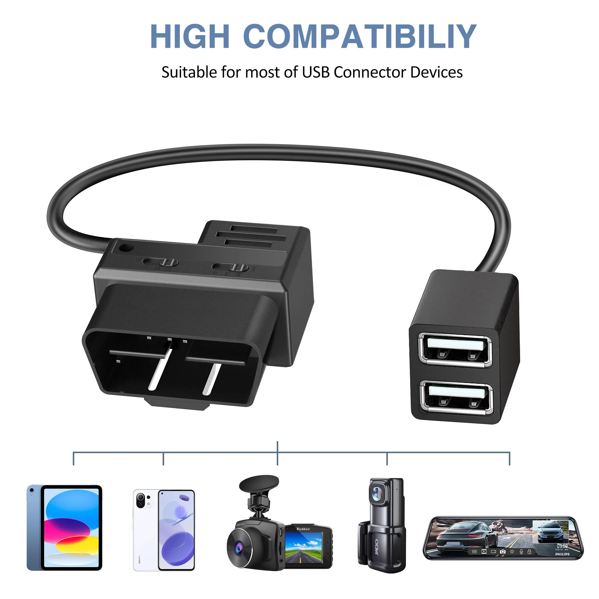 OBD Constant Power Cable for Dash Camera,Compatible with Garmin Dash Cam,OBDII Adapter Cable with Dual USB Interfaces,24 Hours Surveillance/Acc Mode with Low Voltage Protection 11.6-36V to 5V 3A OBD Constant Power Cable - Image 5