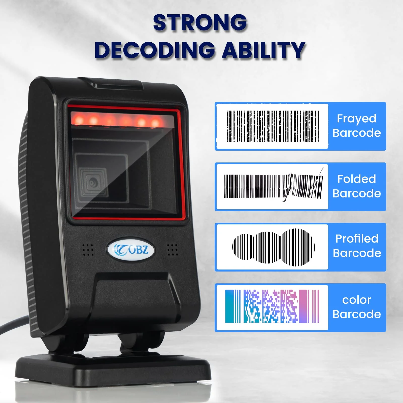 OBZ Hands-Free Desktop Barcode Scanner,Omnidirectional 1D 2D QR Code Reader with Adjustable Scan Head,USB Wired Automatic Sensing Bar Code Scanner for PC,Android,POS,Linux,Warehouse,Retail,Supermarket USB black - Image 3