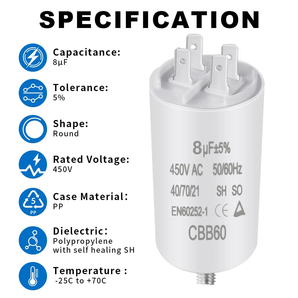 OFFCUP Motor Capacitor CBB60 Starting Capacitor 8μF 450V Capacitor 8μF 450V CBB60 Capacitor Plug Suitable for Electric Motors and Swimming Pool Pumps Electric Motor, 50/60Hz 8µF - Image 3