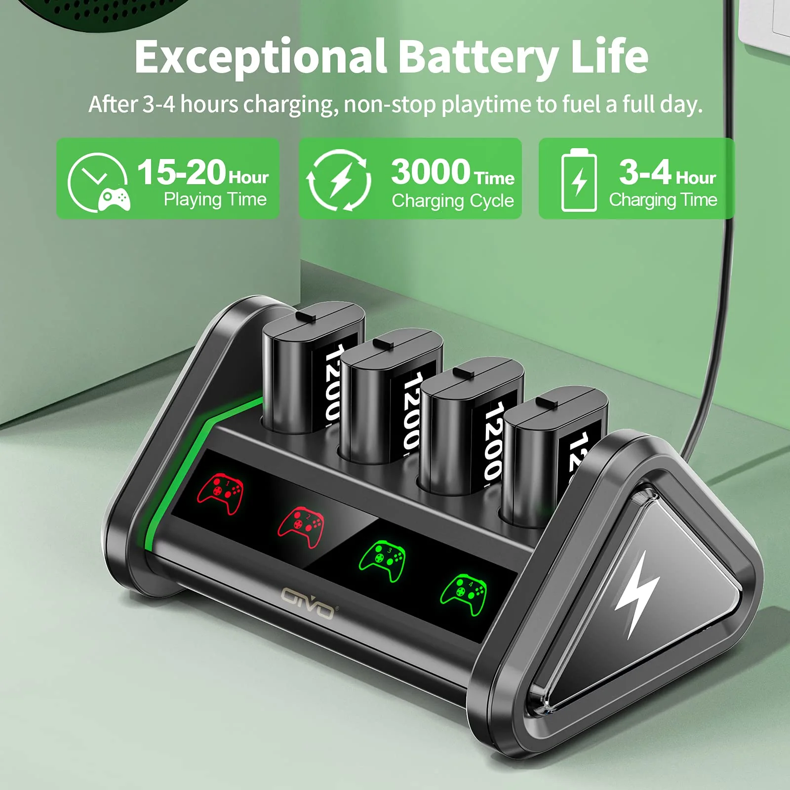 OIVO Rechargeable Battery Packs Compatible with Xbox Series X|S/Xbox One X/S/Elite, 4 X 1200 mAh Battery Kit with Charger, Rechargeable Batteries Charger Station with ON/Off Power Switch 4Pack - Image 2
