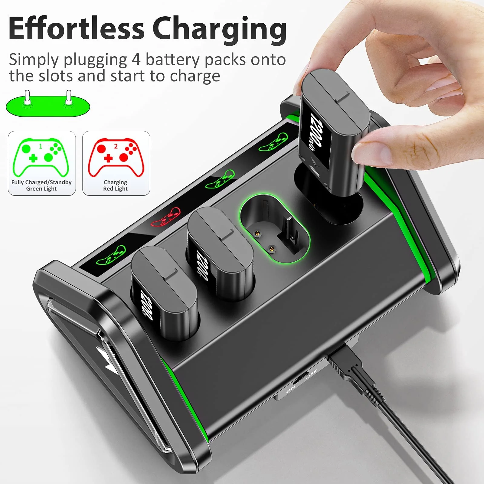 OIVO Rechargeable Battery Packs Compatible with Xbox Series X|S/Xbox One X/S/Elite, 4 X 1200 mAh Battery Kit with Charger, Rechargeable Batteries Charger Station with ON/Off Power Switch 4Pack - Image 5