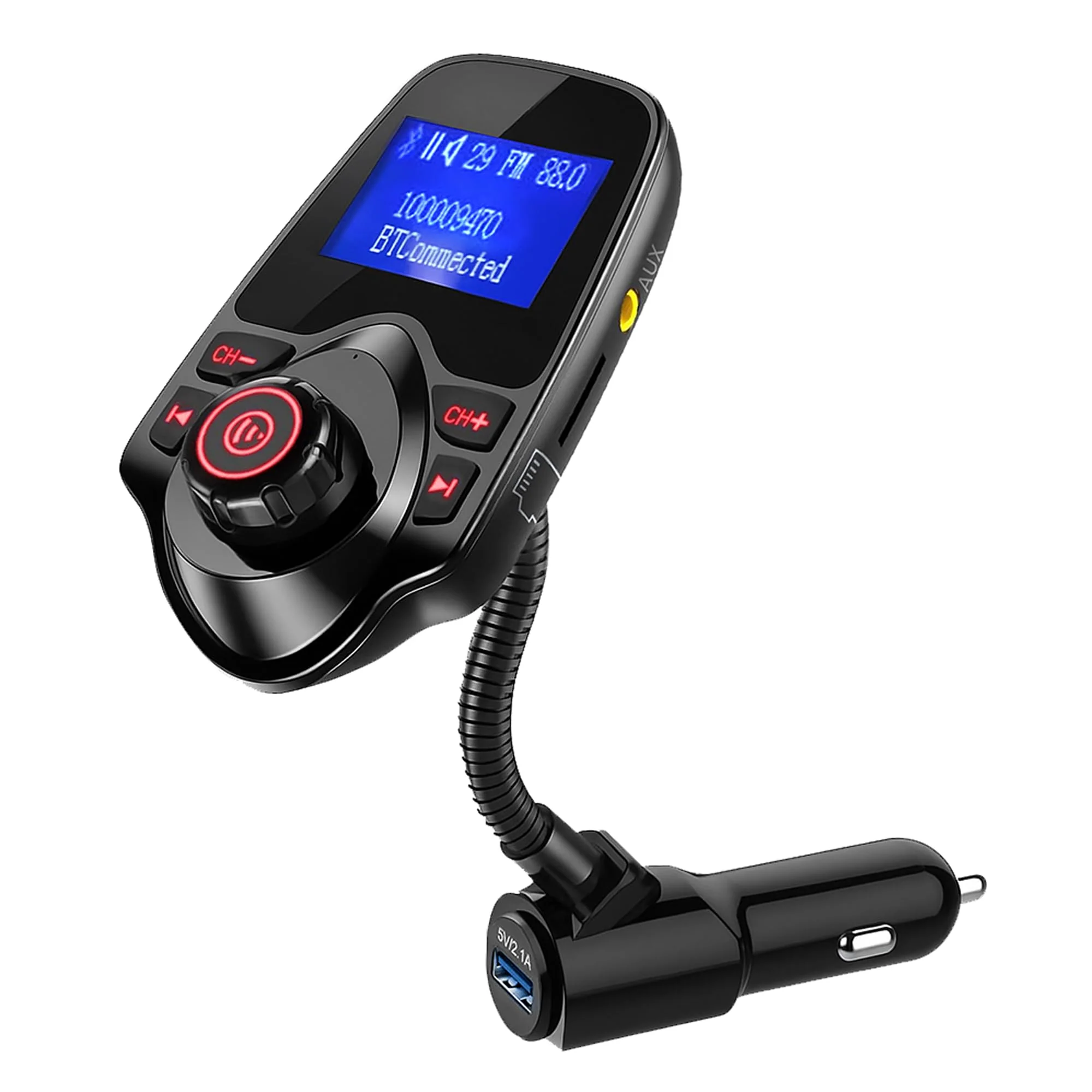 ONN Upgraded 2026 Bluetooth Car FM Transmitter, 1.44” LCD Display, Flexible Gooseneck, Hands-Free Calling, Dual USB Fast Charger, AUX & Micro SD Support for Cars, SUVs & Trucks