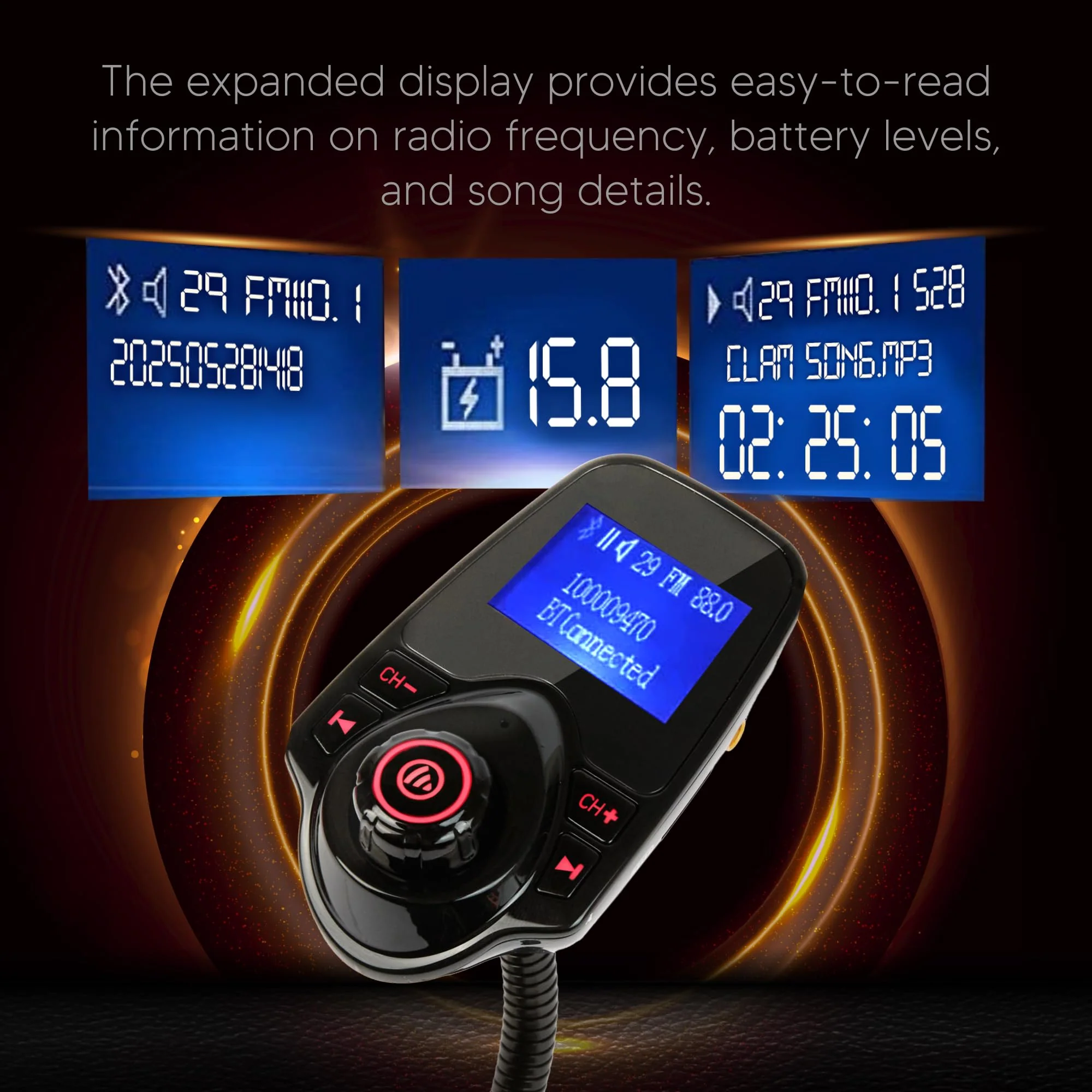 ONN Upgraded 2026 Bluetooth Car FM Transmitter, 1.44” LCD Display, Flexible Gooseneck, Hands-Free Calling, Dual USB Fast Charger, AUX & Micro SD Support for Cars, SUVs & Trucks - Image 8