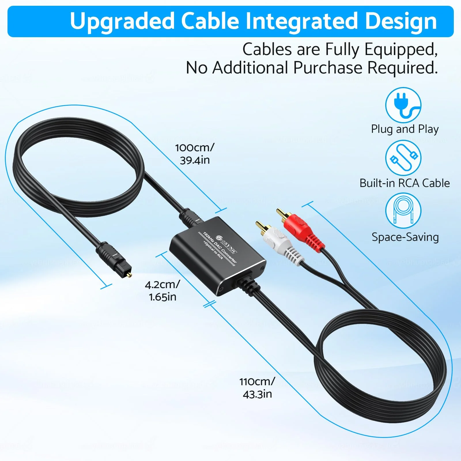 Optical to RCA Converter,eSynic 192 KHZ Digital to Analog Audio Converter Portable Optical to RCA Adapter 2.1m Optical Audio to RCA Cable Aluminium Alloy Shell DAC Converter for HDTV Blue-ray PS4 etc 192KHZ Style-A - Image 2