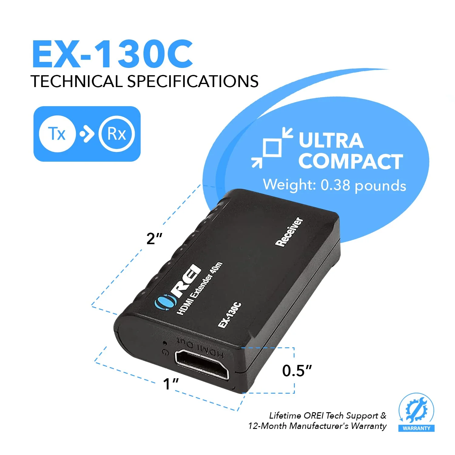 OREI 1080p HDMI Extender Over Ethernet up to 131 Feet - 1080@60Hz HDMI 1.4 HDCP 1.4, Over CAT6/7 Cable- Power Over Cable (EX-130C) - Image 5