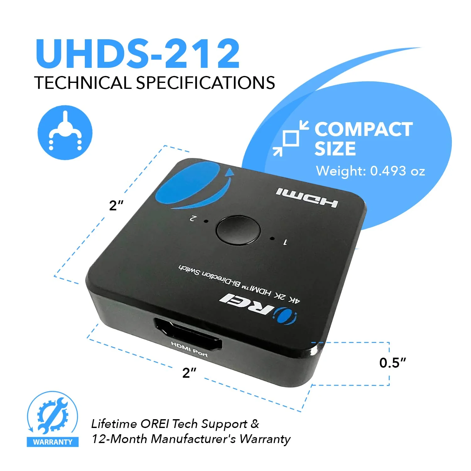 OREI HDMI Switch 4K HDMI Splitter - 2x1 Bi Directional - 4:4:4 8-bit - HDMI 2.0, HDCP 2.2, 18 Gbps, 4K @ 60Hz HDMI UltaHD High Resolution Switch Between 2 Inputs or Toggle Displays (UHDS-212) 2x1 Bi-Directional Splitter - Image 7