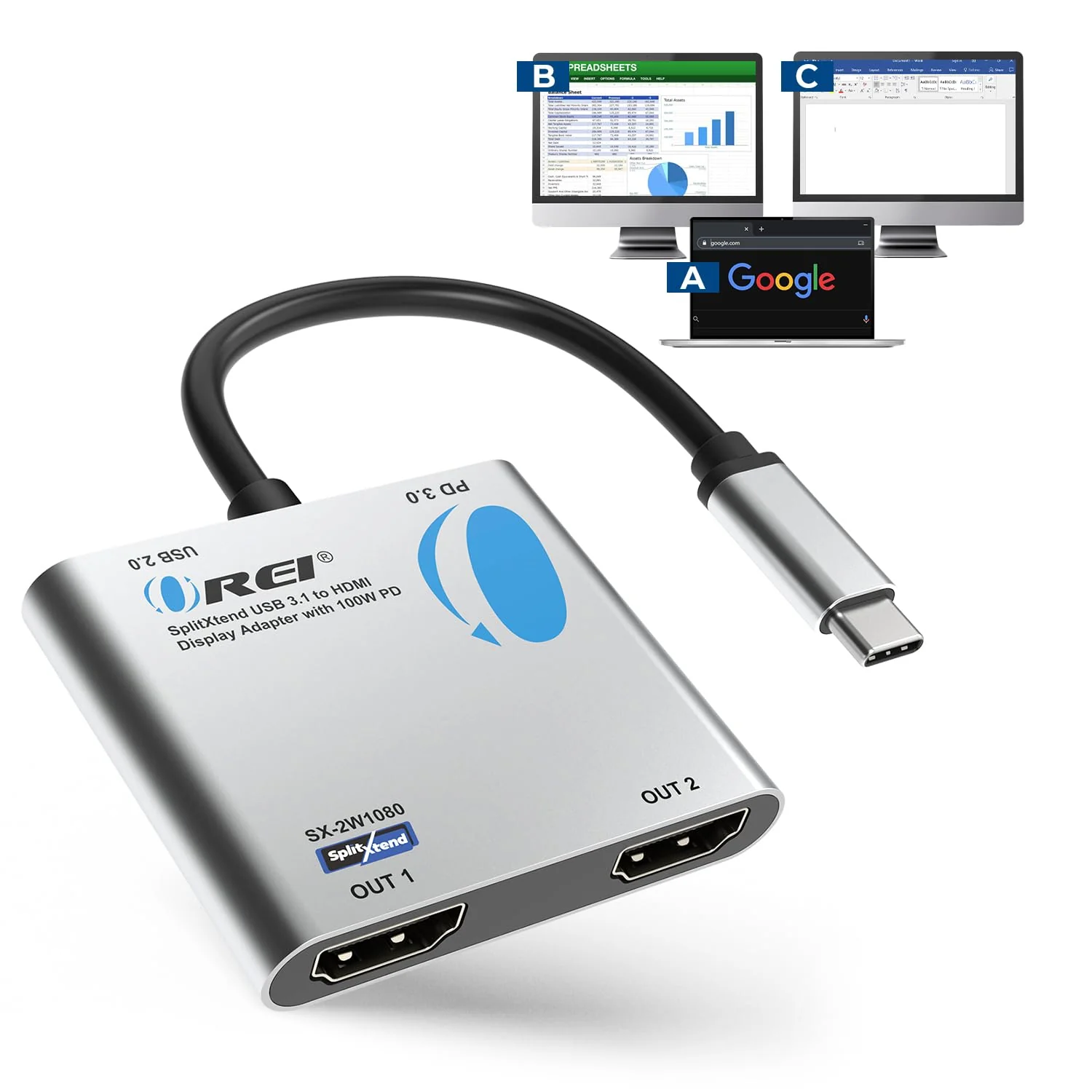 OREI SplitExtend HDMI Splitter Extended Display for Windows Only Dual Monitor - Multi-Monitor Display 3 Separate Screens - USB-C Adapter to HDMI 2.0, 4K@30Hz Outputs - 100W PD and USB 2.0 Input USB C SplitXtend