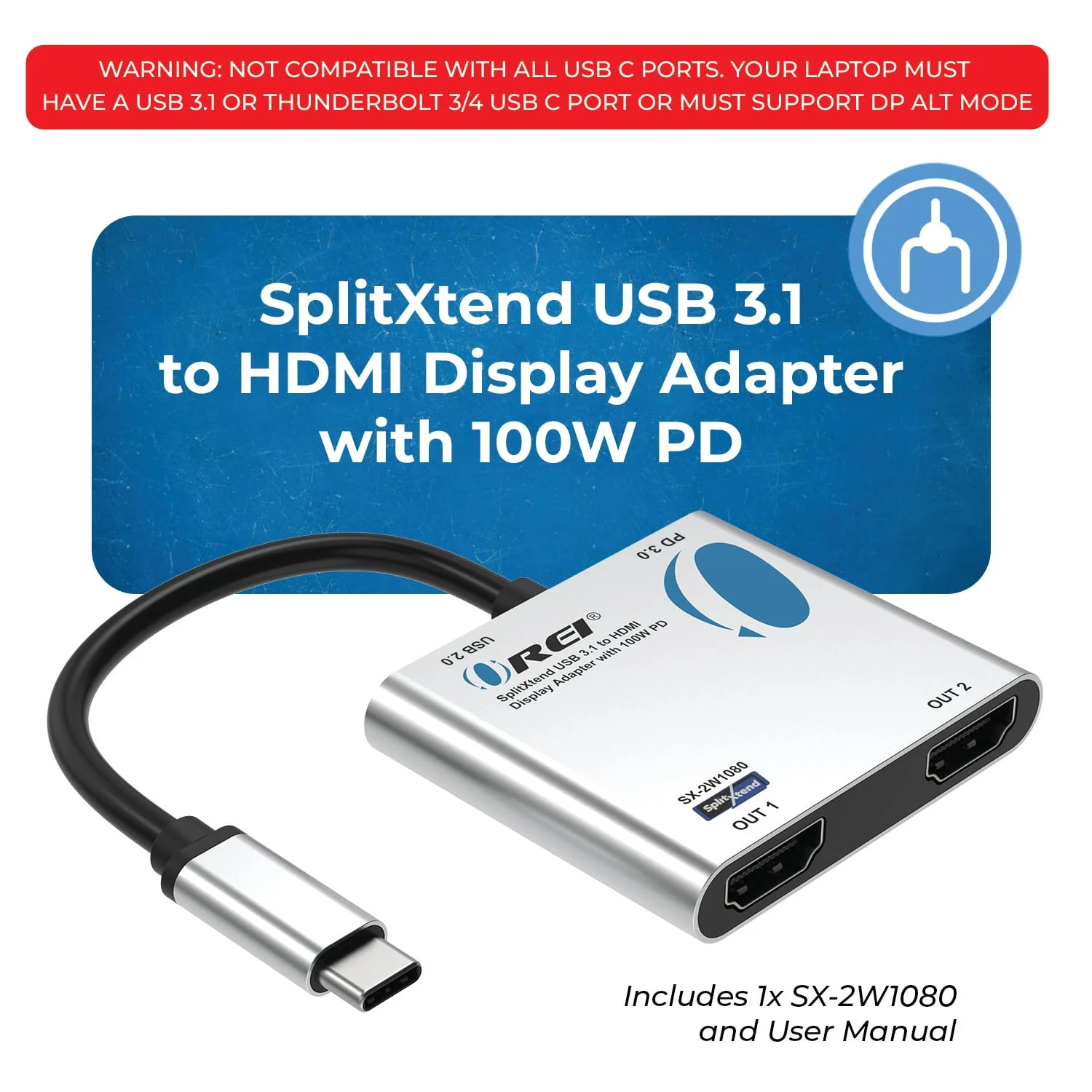 OREI SplitExtend HDMI Splitter Extended Display for Windows Only Dual Monitor - Multi-Monitor Display 3 Separate Screens - USB-C Adapter to HDMI 2.0, 4K@30Hz Outputs - 100W PD and USB 2.0 Input USB C SplitXtend - Image 2