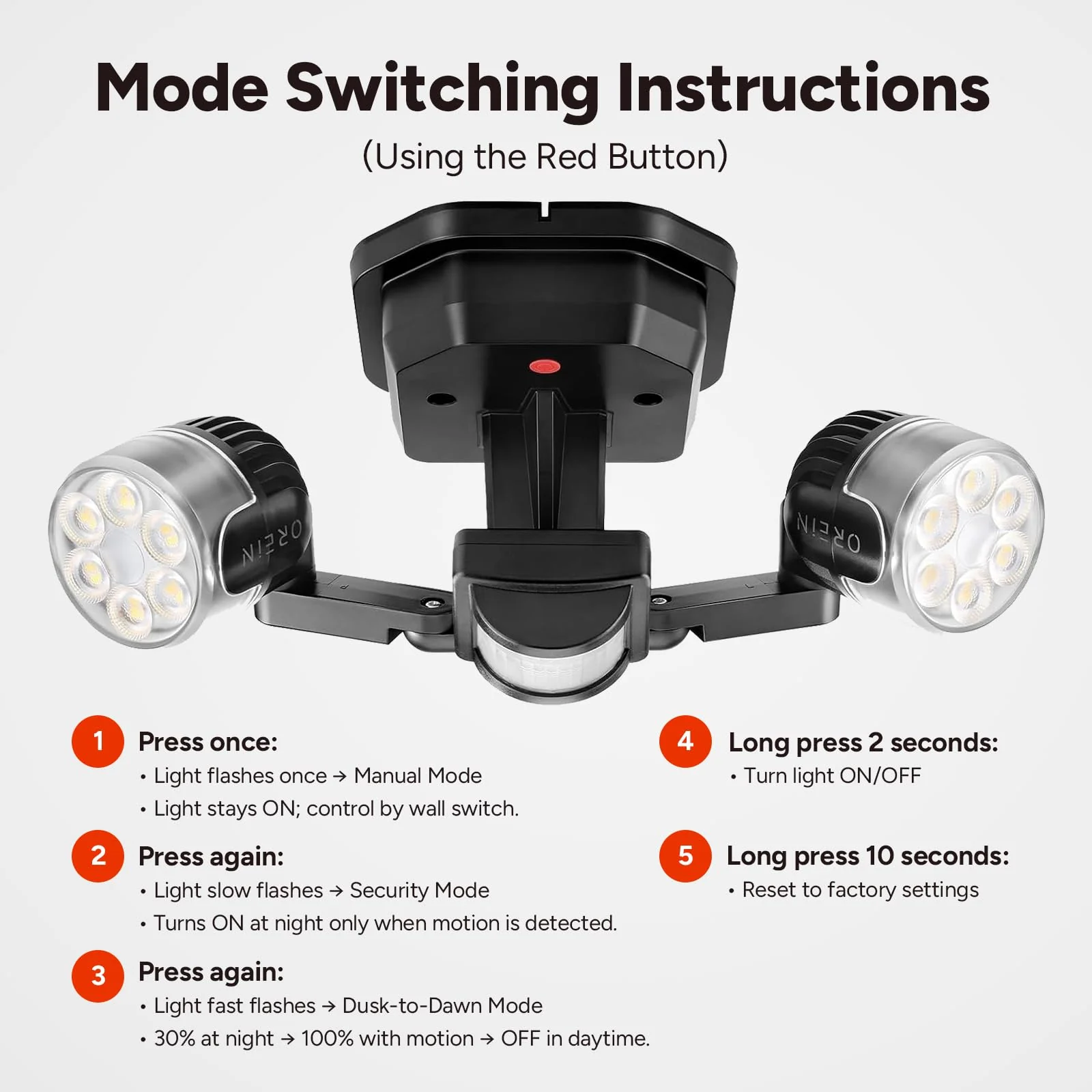 OREiN Motion Sensor Outdoor Security Light, Adjustable Dual-Head LED Flood Light, 3 Modes(Motion/Manual/Dusk to Dawn), 150W Equivalent 5000K, IP65 Waterproof Exterior Lighting, Hardwired Black 2 Heads - Image 3