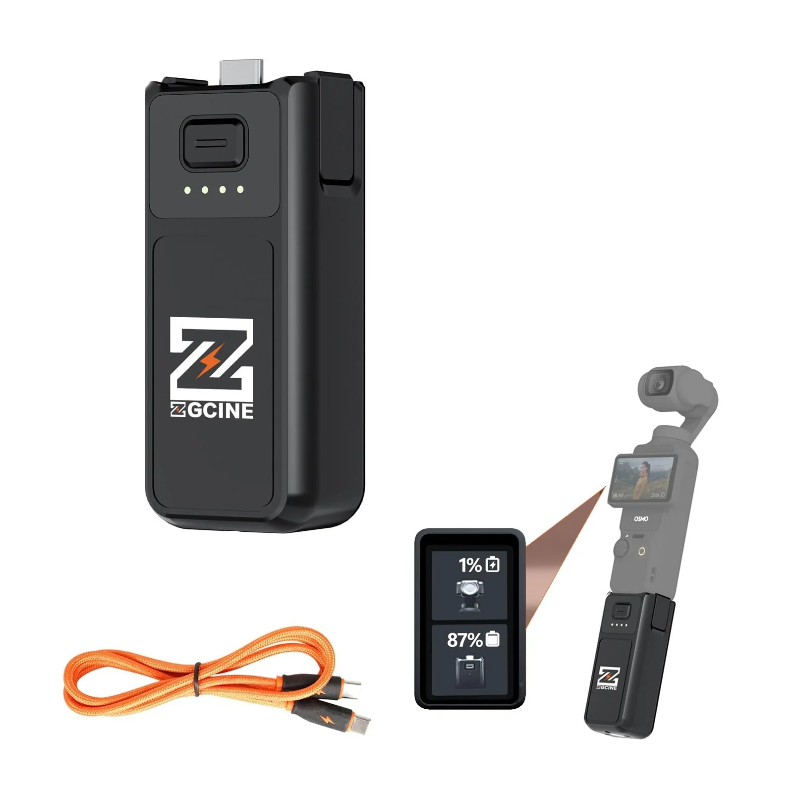 Osmo Pocket 3 Battery Handle, ZGCINE PK-H01 7.7V/1600mAh Fast Charging Handle Grip Replaced for DJI Pocket 3 Battery for Xtra Muse, Reserved 1/4”Thread,Support Directly Data Transmission