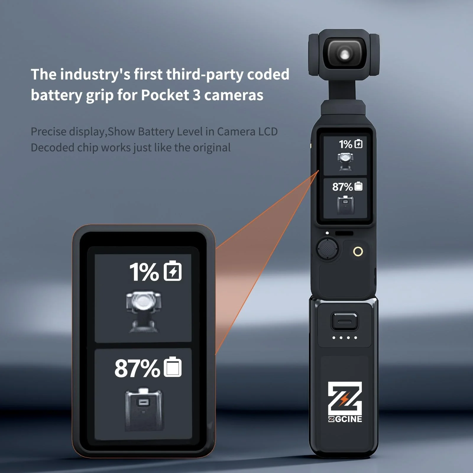 Osmo Pocket 3 Battery Handle, ZGCINE PK-H01 7.7V/1600mAh Fast Charging Handle Grip Replaced for DJI Pocket 3 Battery for Xtra Muse, Reserved 1/4”Thread,Support Directly Data Transmission - Image 2