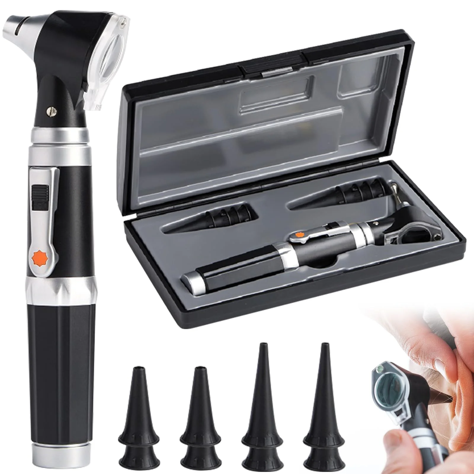 Otoscope with Light, Pocket Diagnostic Ear Infection Detector with Hard Plastic Case, with 3x Magnification and 4 Speculum Tips Size, 8 Earplugs for Adults and Children and Pets (Black)