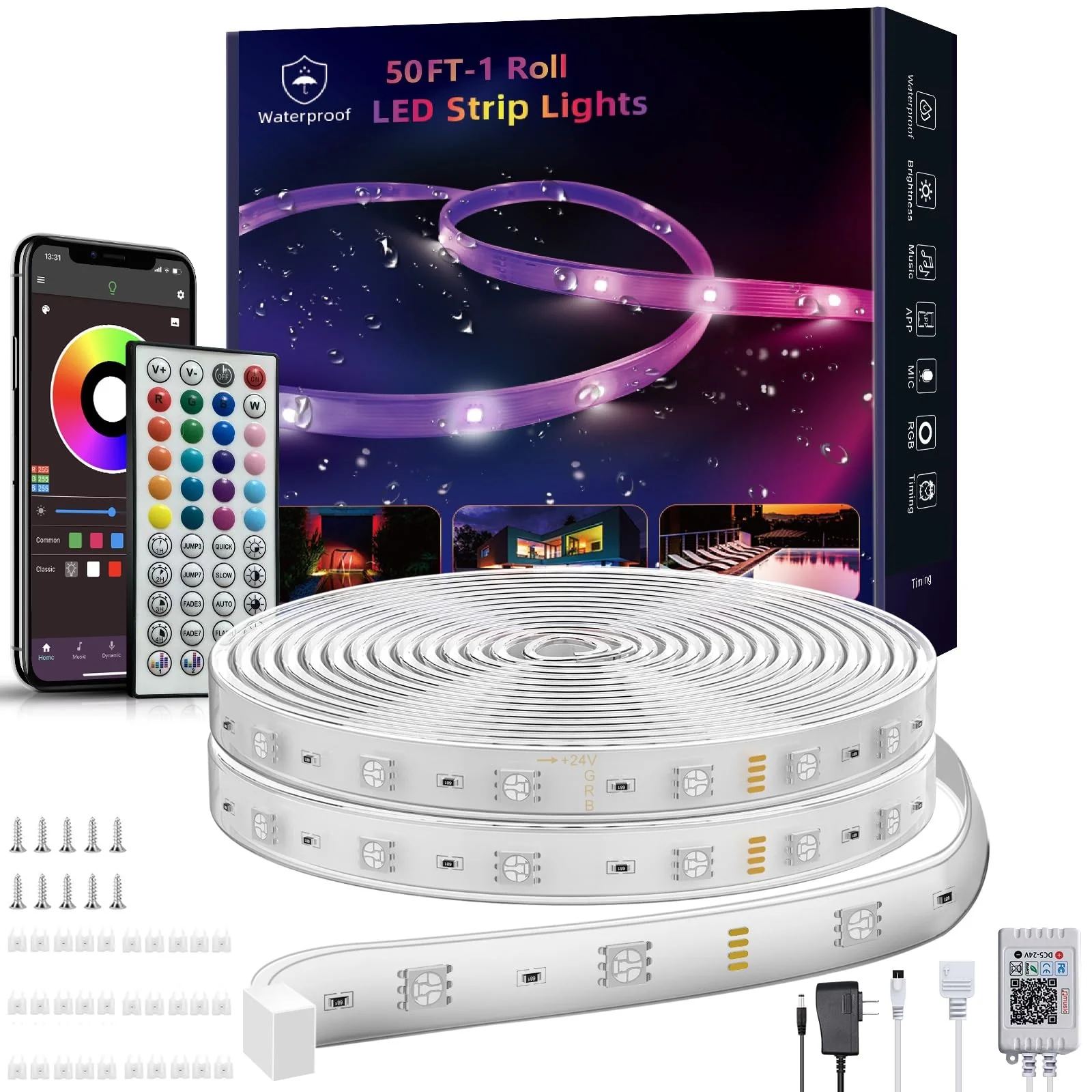 Outdoor Led Strip Lights Waterproof 50ft (1 Roll), Ip65 Outside Led Light Strip Waterproof with Remote and App Control, Exterior Led Rope Lights Music Syne RGB Strip Lights for Bedroom Decor 50 ft