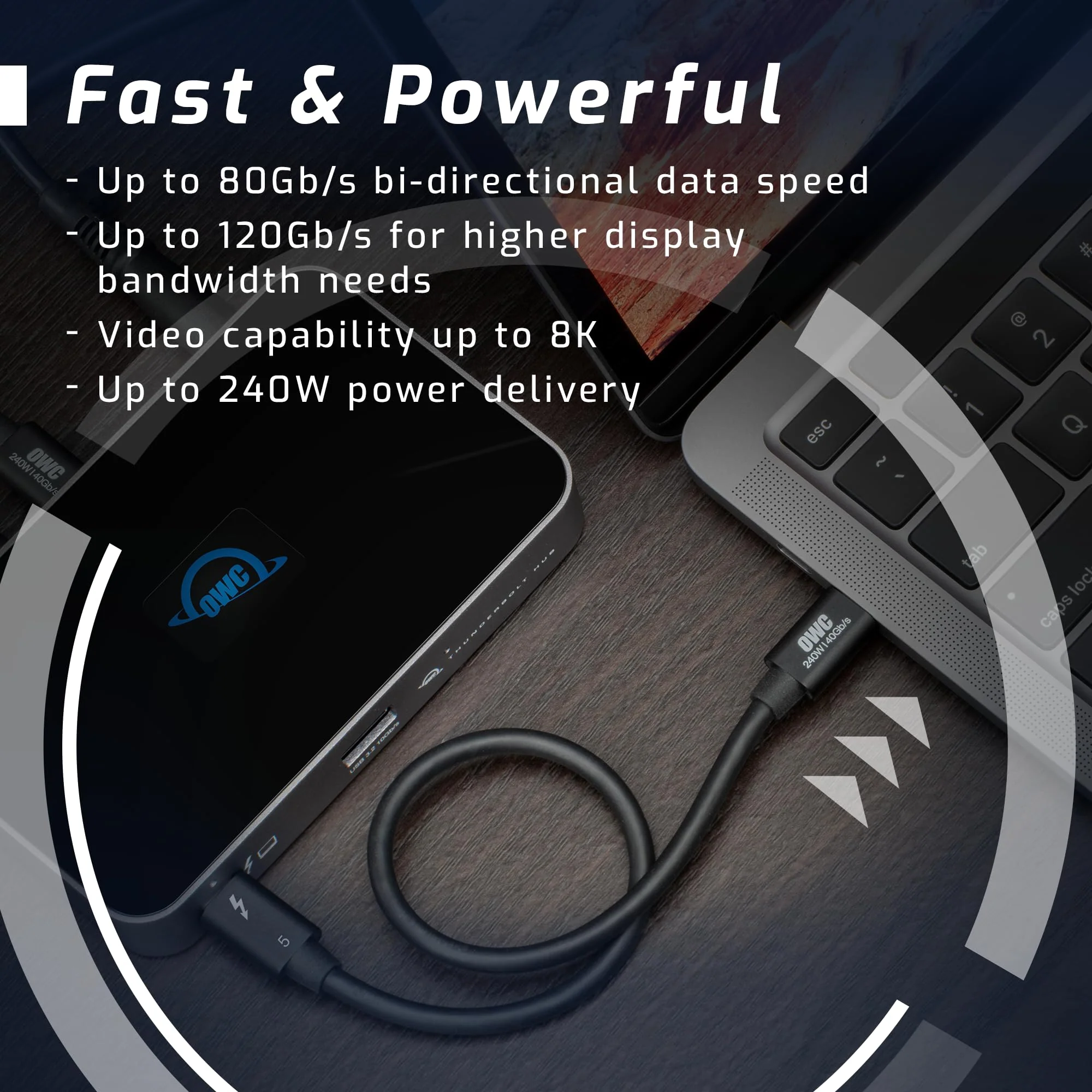 OWC 0.8M Thunderbolt 5 (USB-C) Cable,up to 80Gb/s of bi-Directional Data Speed, up to 120Gb/s for Higher Display Bandwidth, 240W - Image 3