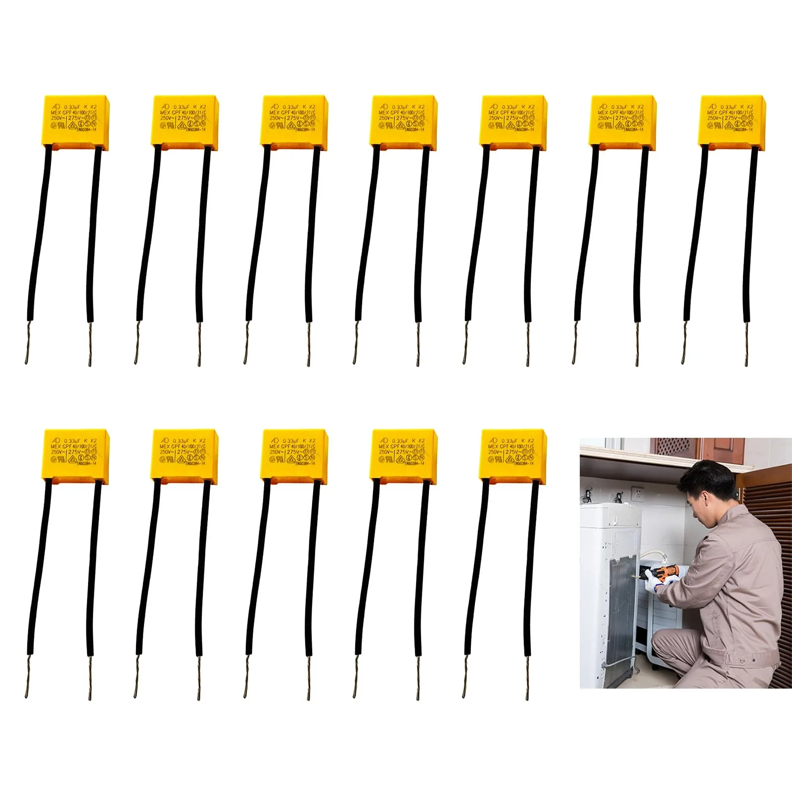 Pack of 12 suppression capacitors LED, LED suppressor capacitor 0.33µF 275V X2 radial, interference capacitor LED lamp, reduces LED flashing and glow, ideal for radio protection and electronic devices