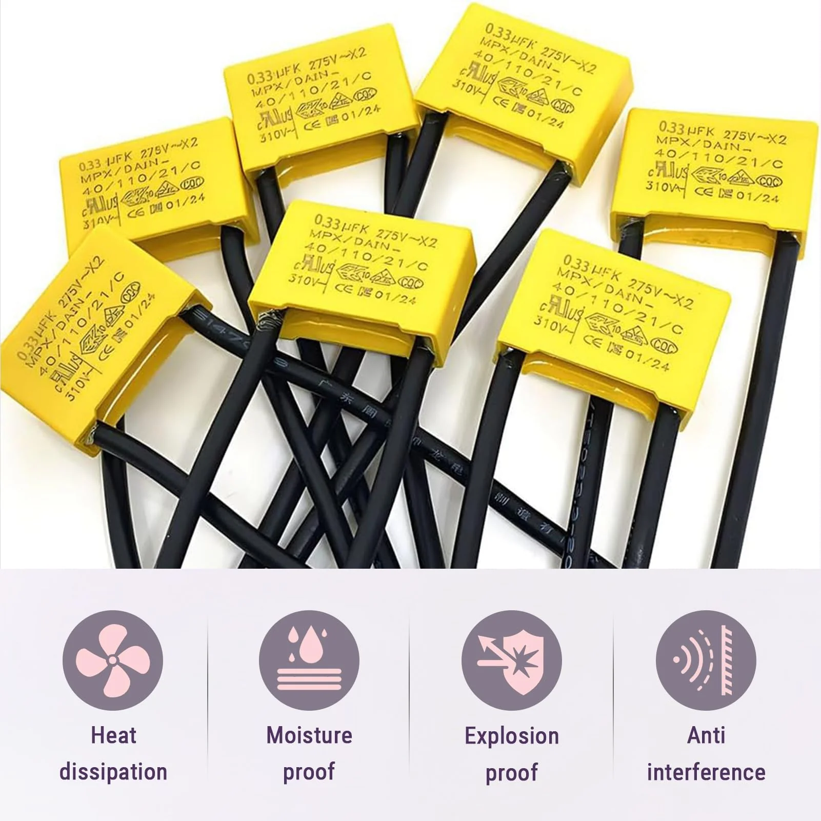 Pack of 12 suppression capacitors LED, LED suppressor capacitor 0.33µF 275V X2 radial, interference capacitor LED lamp, reduces LED flashing and glow, ideal for radio protection and electronic devices - Image 4