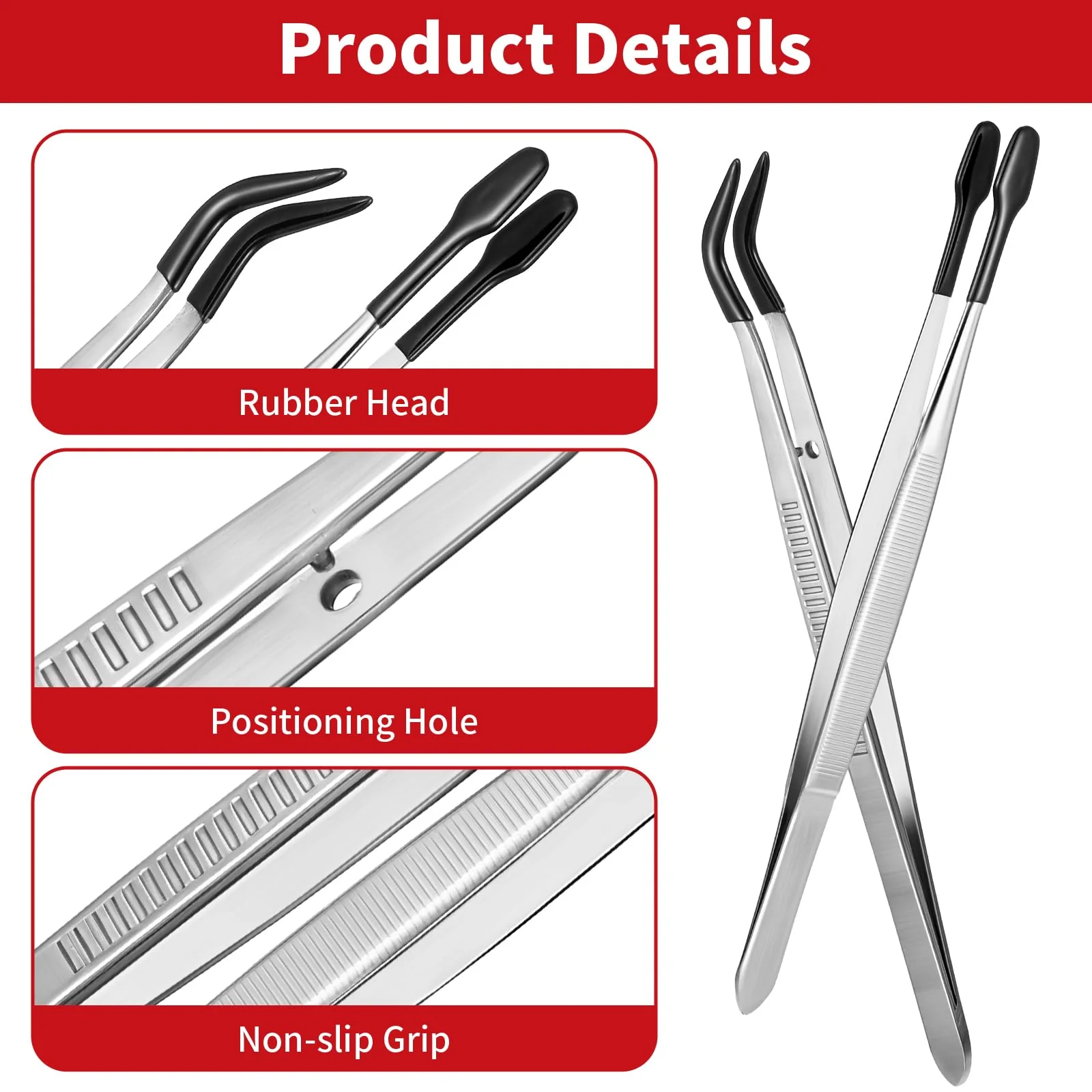Pack of 2 Long Plastic Craft Tweezers with Rubber Tips and PVC Coating - Flat, Non-Slip, Curved and Angled Tweezers - Metal Sticker Tweezers for Repair and Jewellery (Black) Black - Image 3