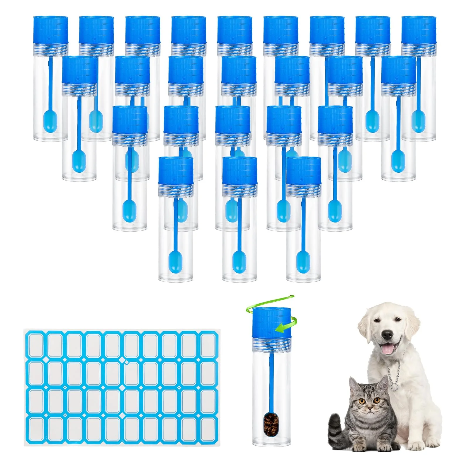 Pack of 25 Chair Sample Tubes, 15 ml Faecal Sample Tube with Spoon and Label Sticker, Cats and Dogs Fecal Sample Tubes Good Sealing, Dog Chair Sample Tube for Pets for Testing Pack of 25