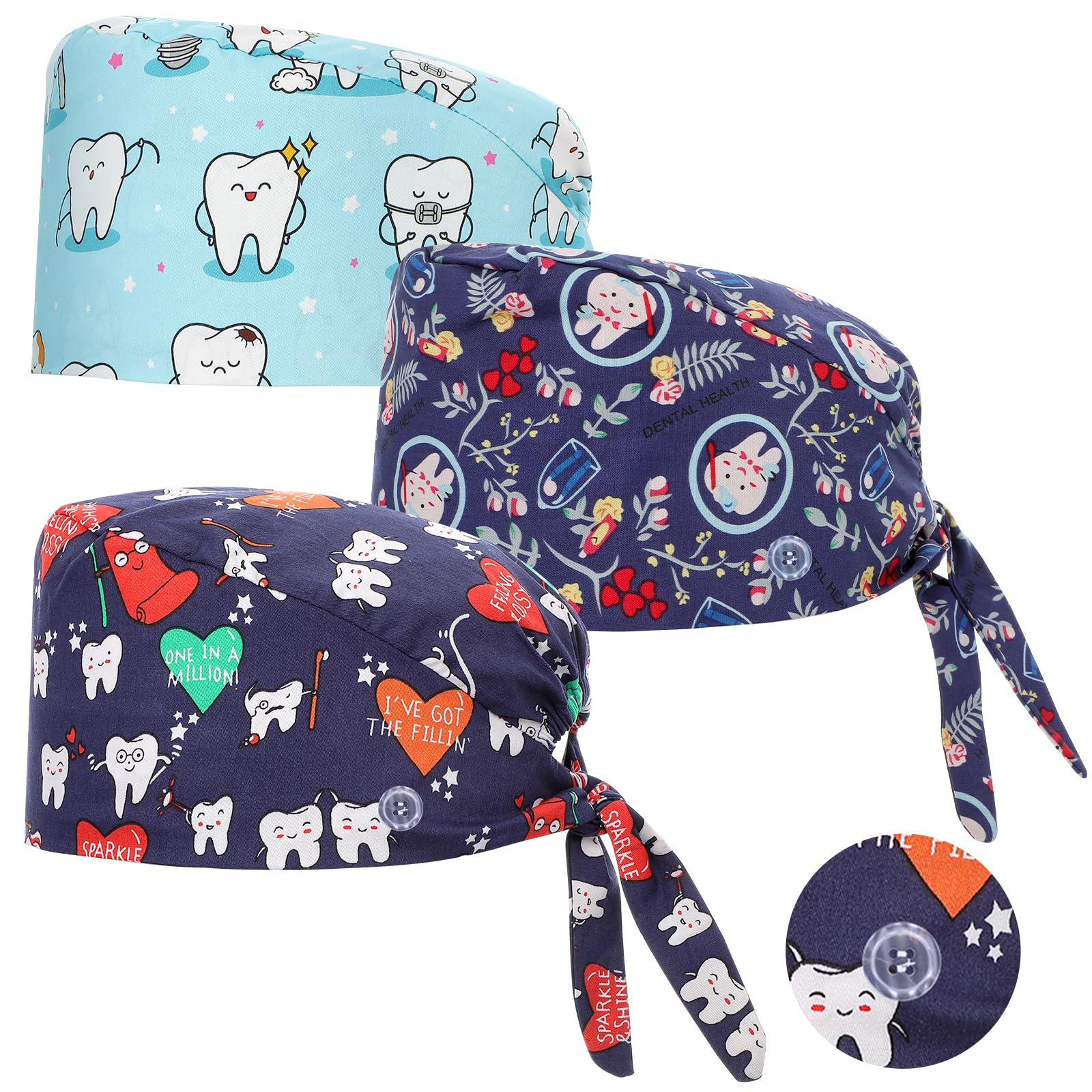 Pack of 3 Adjustable Surgical Cap with Button Work Cap Cotton Print Sick Nurses Cap Unisex Dust Caps, multi-coloured, Unit size cartoon teeth style