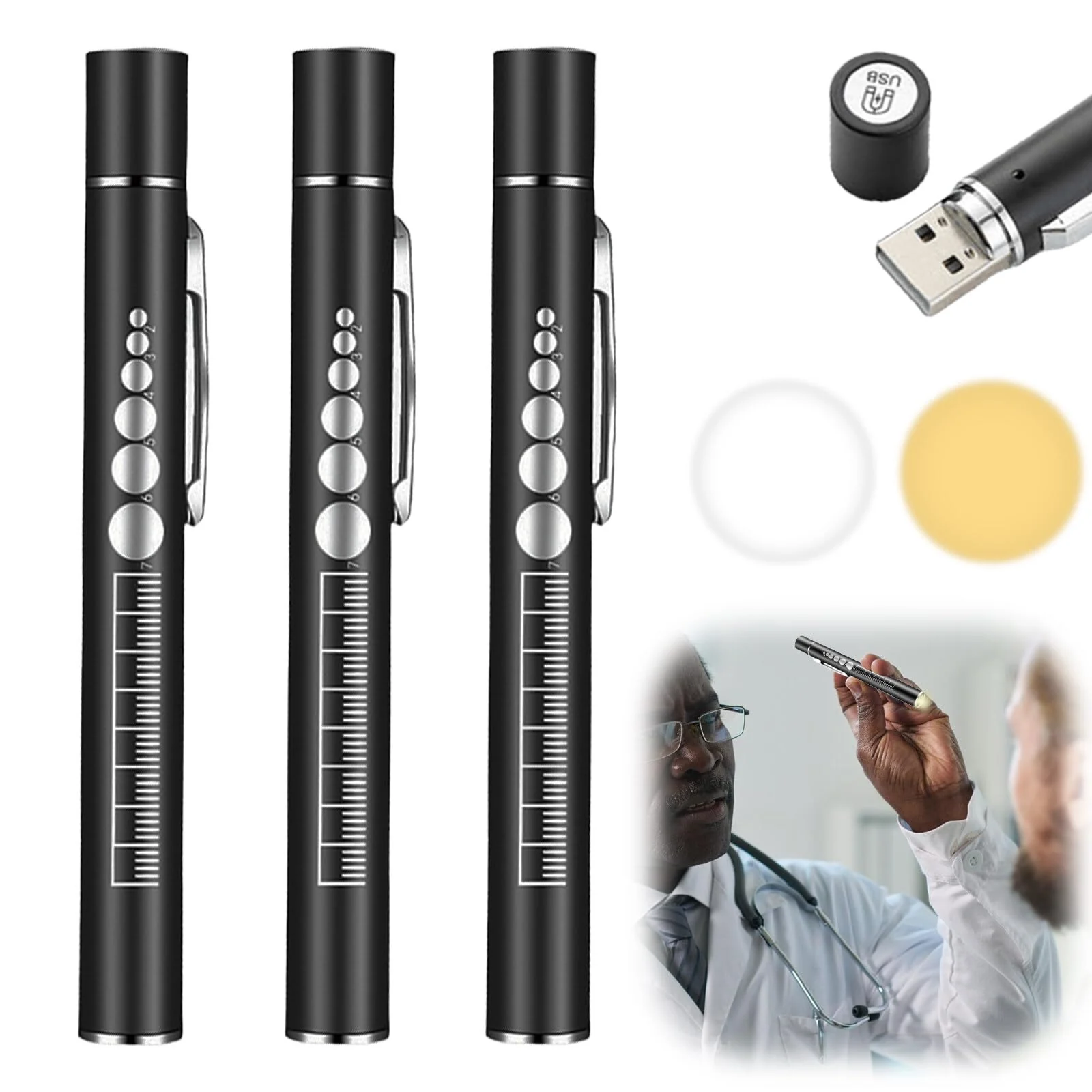 Pack of 3 Pupil Light Medicine Diagnostic Light Rechargeable USB Pen Lamp Pupil Light Emergency Service Accessories with Pupil Meter Ruler, Suitable for Nurses Doctors