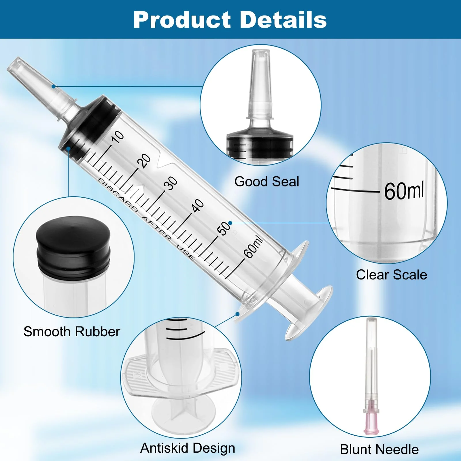 Pack of 3 Syringes 60 ml, Reusable Sterile Syringe with Hose, Syringe with Blunt Needle Dosing Syringe Plastic Syringe for Laboratory Animal Feeding Plant Watering, Individually Packed - Image 3