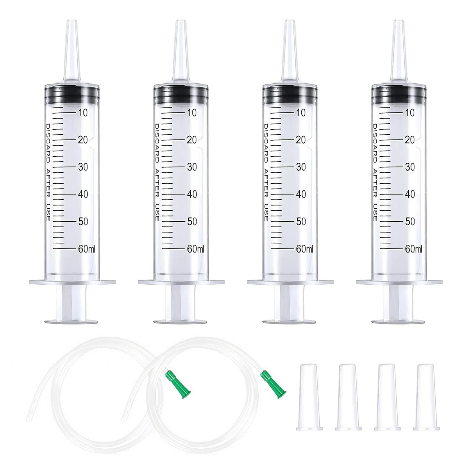 Pack of 4 Syringe Without Needle, 60 ml Large Colostrum Syringe, Sterile Liquid Dispensing Syringe, Graduated Plastic Syringe, Industrial Refill Syringe with 1 m Hose Caps for Liquid, Oil Suction