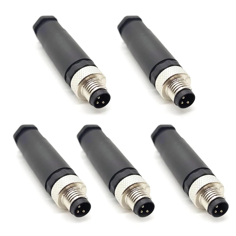 Pack of 5 M8 3-pin plug round connectors, on-site mounted with 8 mm wired sensor, industrial round plug IP67 unshielded code straight plug 60 V 4 A M8 Männlicher