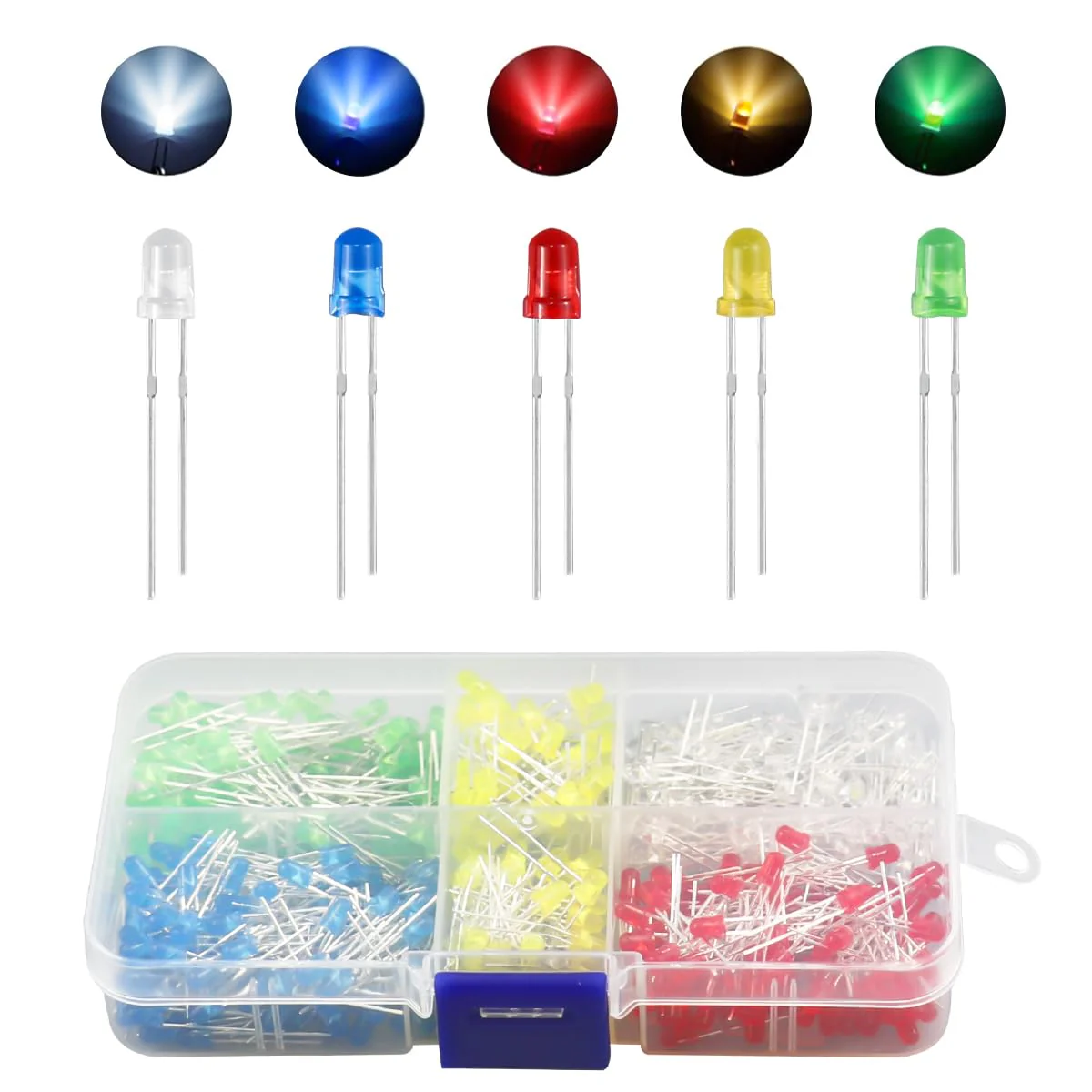 Pack of 500 LED Light Emitting Diodes 3 mm - 5 Colours (Red, Yellow, Blue, Green, White), Extra Bright, 20mA, 3V LED Diodes Assortment for Science, DIY, DIY & Electronics Projects