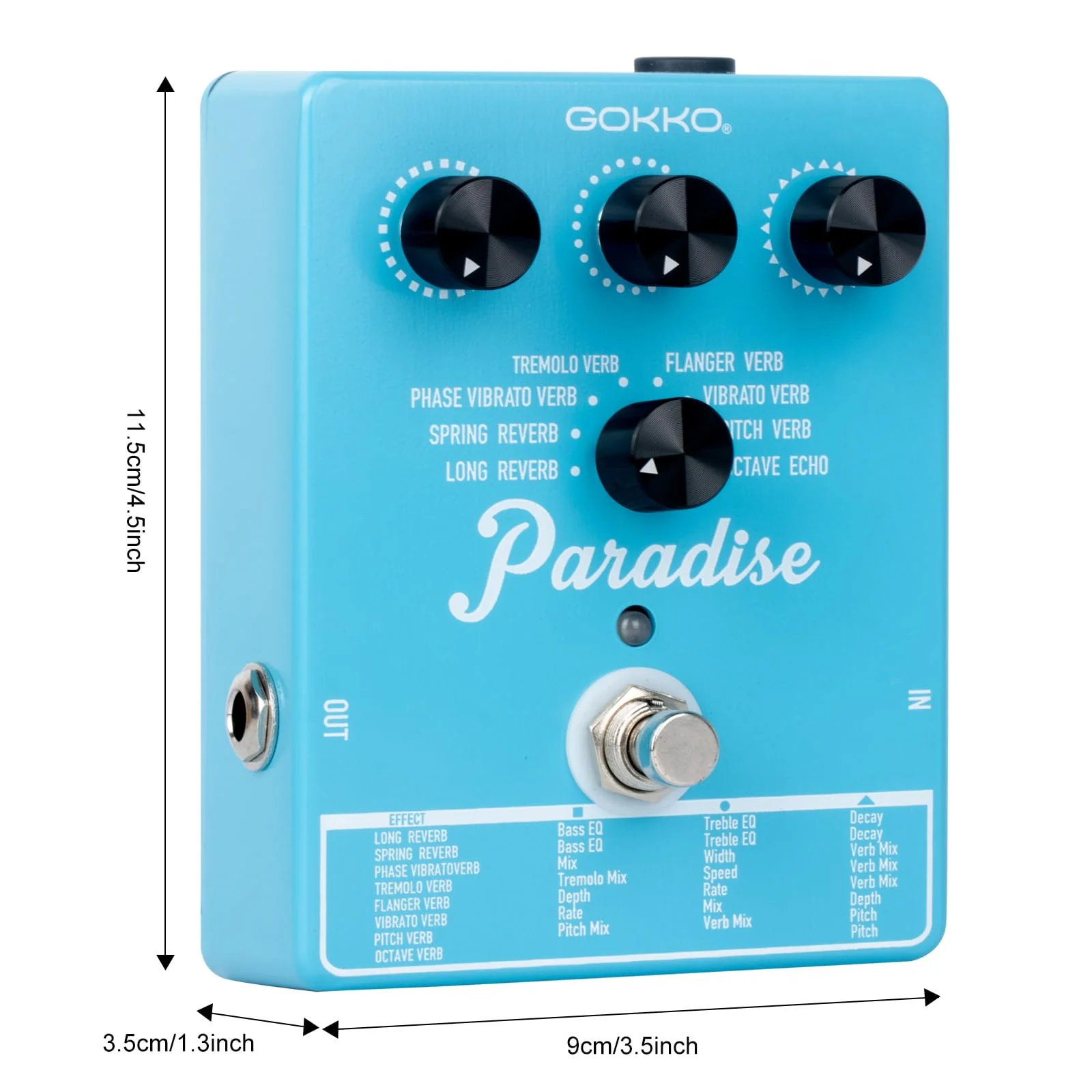 Paradise Multi-Reverb Pedal - 8 Reverb Effects with EQ & Modulation Controls | Versatile Sound Shaping for Guitar & Bass | 9V DC Power Supply - Image 5