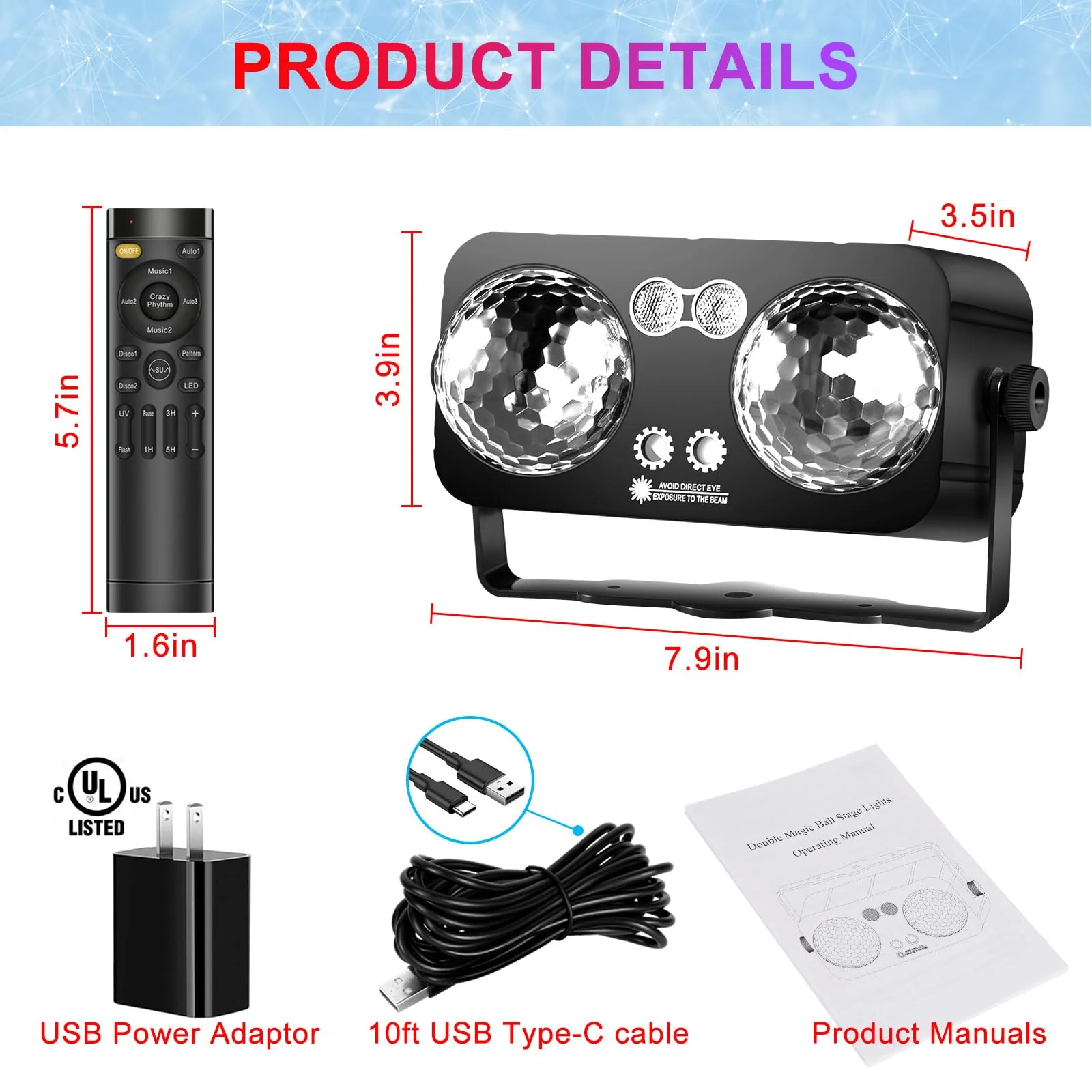 Party Lights Dj Disco Ball Light with 10 ft USB Cable 5V/3A Sound Activated Strobe Stage Lighting for Parties Indoor Dance Bar Club Birthday Karaoke Halloween Christmas New Years Rave Show - Image 3