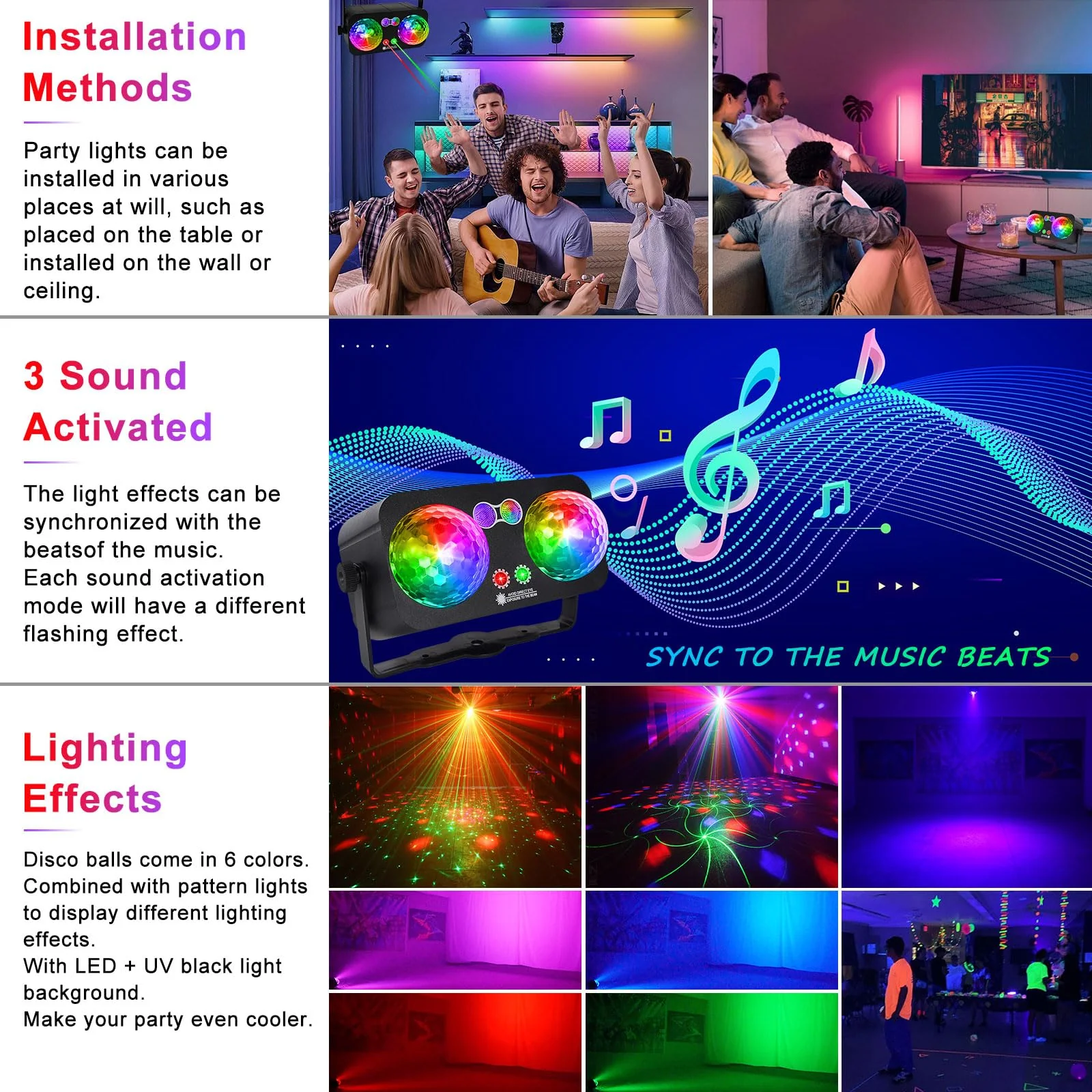 Party Lights Dj Disco Ball Light with 10 ft USB Cable 5V/3A Sound Activated Strobe Stage Lighting for Parties Indoor Dance Bar Club Birthday Karaoke Halloween Christmas New Years Rave Show - Image 4