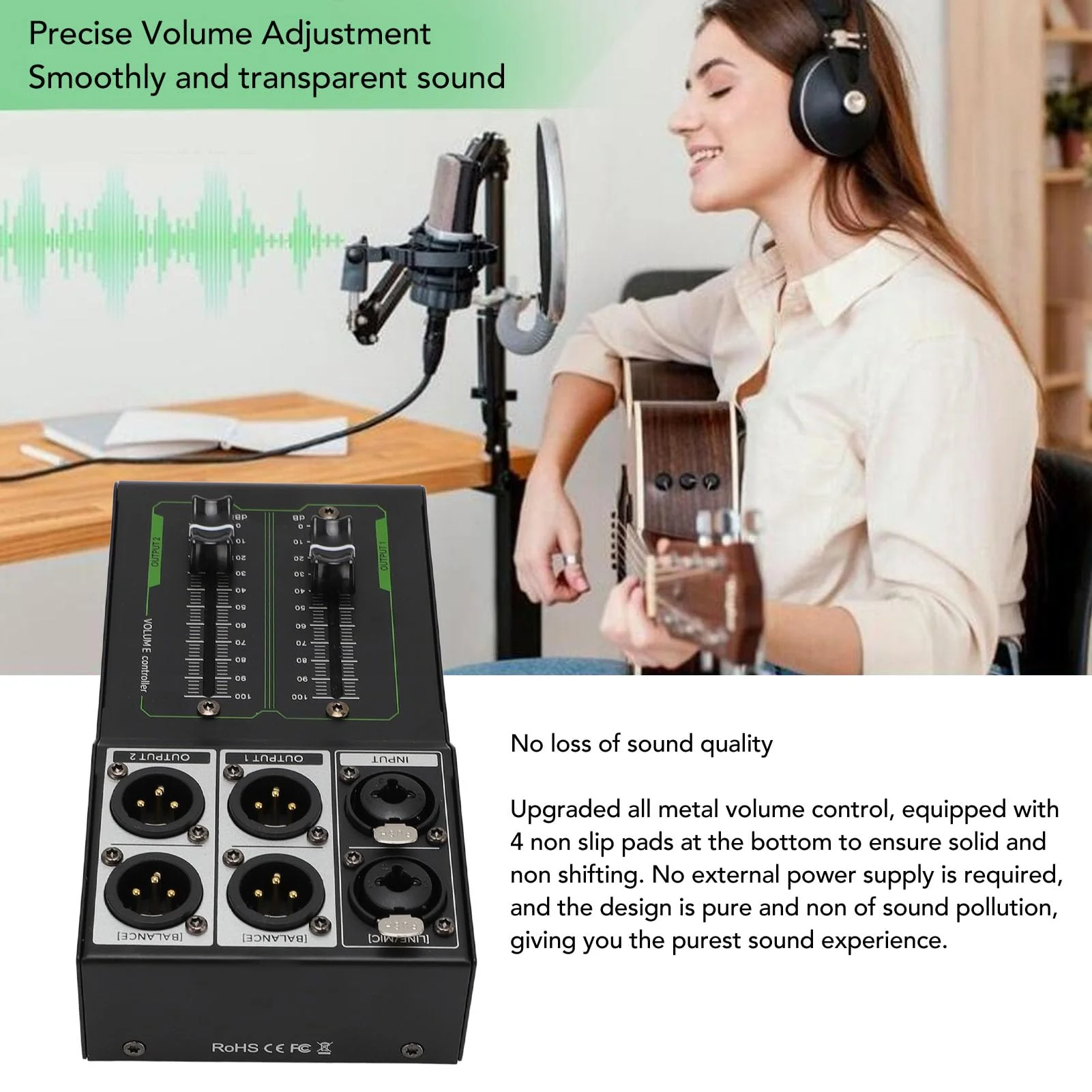 Passive Monitor Volume Controller, XLR 1 Input 2 Output Passive Stereo Studio Controller, High Precise 70Mm Fader, Controller for Studio & Home Audio System - Image 4
