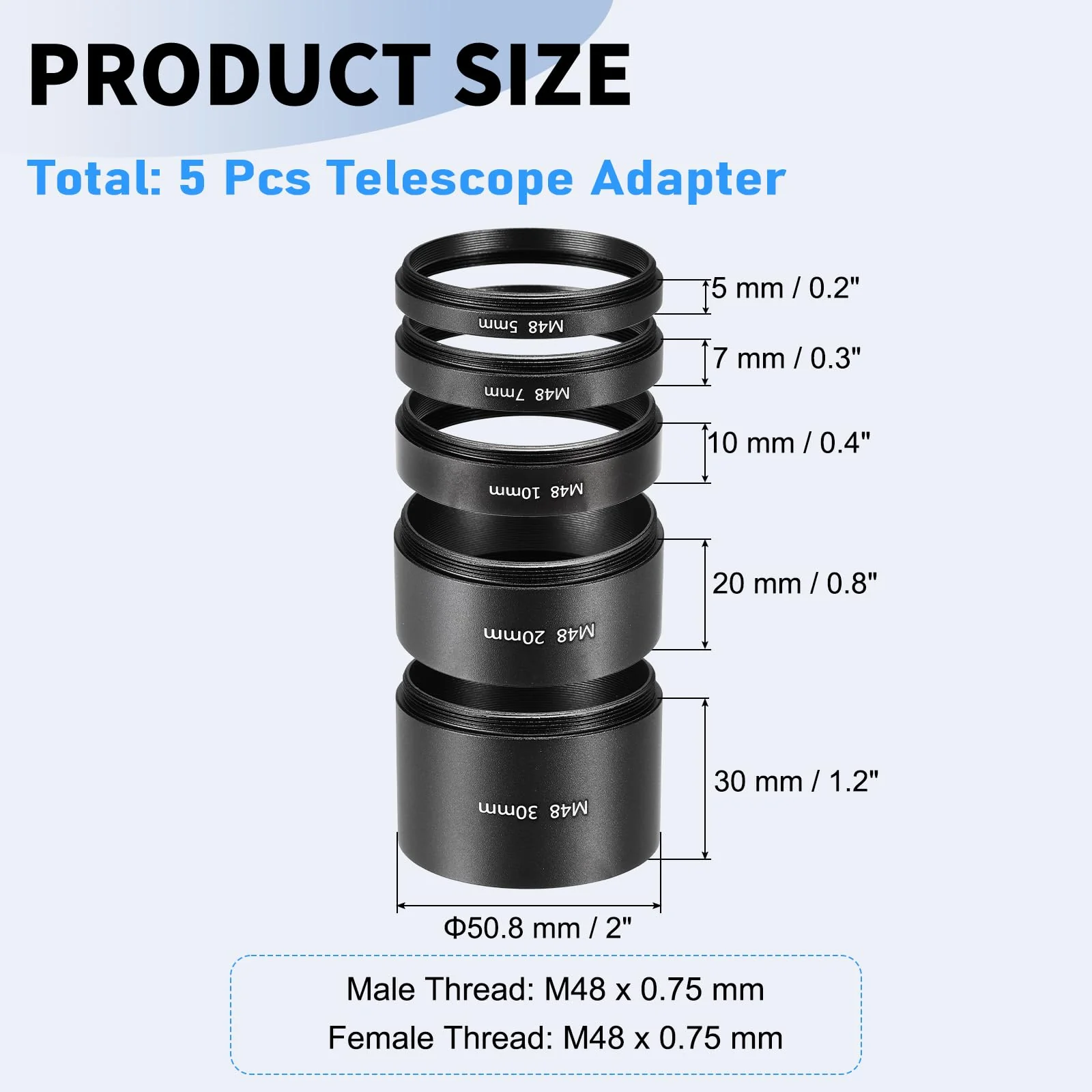 PATIKIL 5/7/10/20/30mm Telescope Extension Tube, 5Pcs M48 x 0.75mm on Both Sides Aluminum Alloy Lens Adapter Ring Extension Tube for Camera Eyepiece Telescope Accessory, Black - Image 2