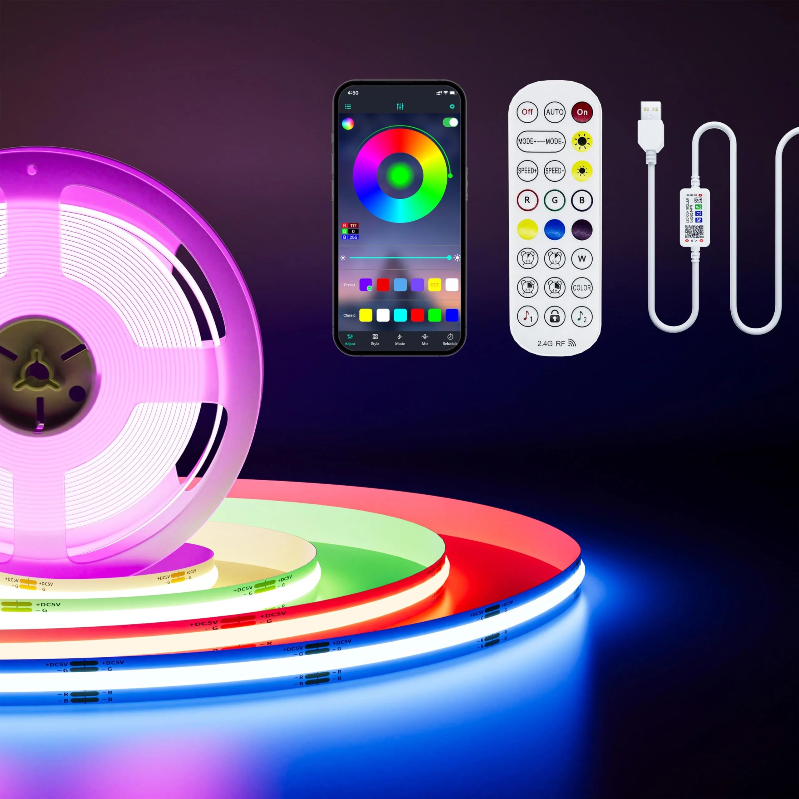 PAUTIX 5V USB COB RGB LED Strip Light 9.84ft/3m Color Changing Light Strips,TV Backlight Multicolor Flexible Under Cabinet Tape Lights with Bluetooth Control for Bedroom,Kitchen,Home DIY Lighting USB5V RGB/9.84ft