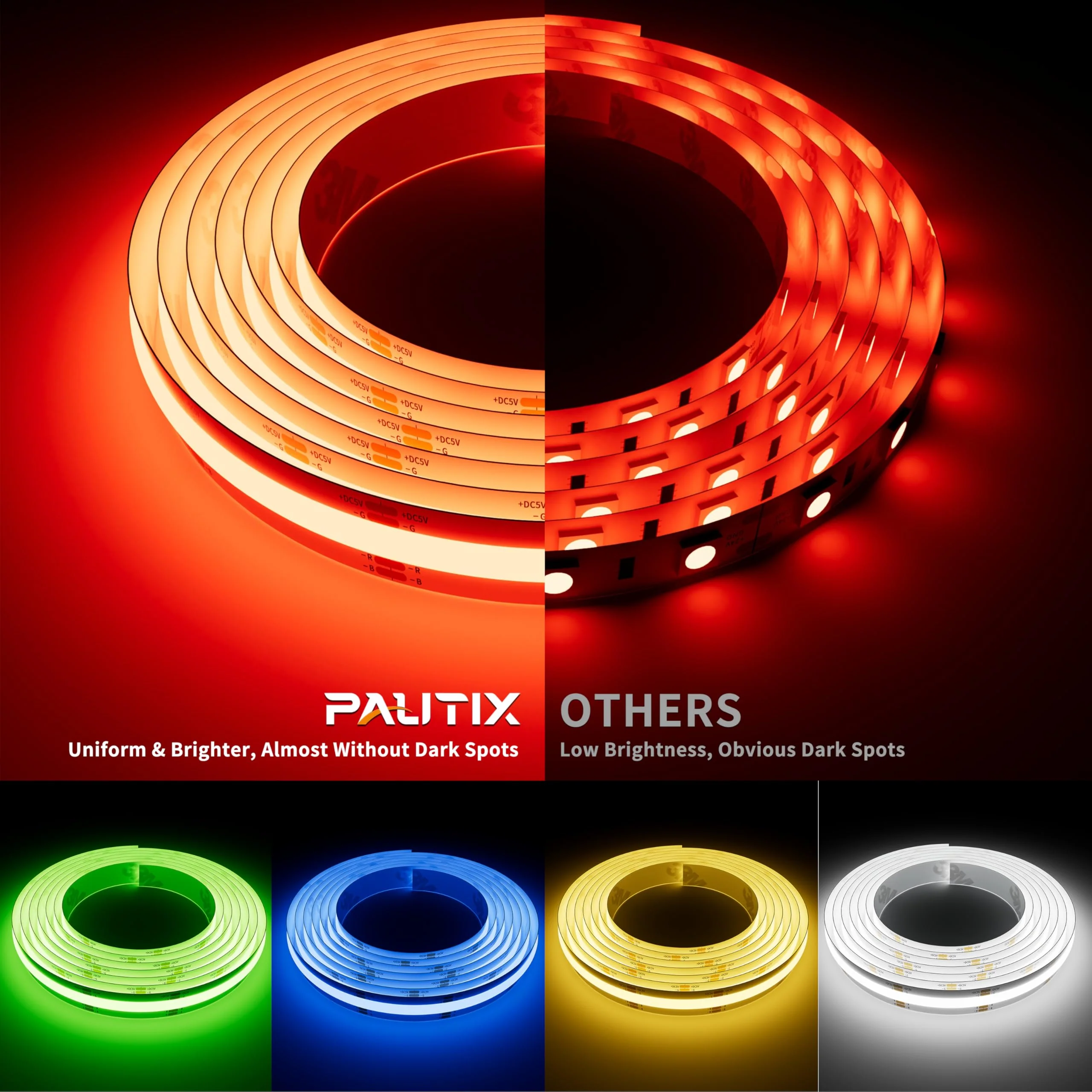 PAUTIX 5V USB COB RGB LED Strip Light 9.84ft/3m Color Changing Light Strips,TV Backlight Multicolor Flexible Under Cabinet Tape Lights with Bluetooth Control for Bedroom,Kitchen,Home DIY Lighting USB5V RGB/9.84ft - Image 2