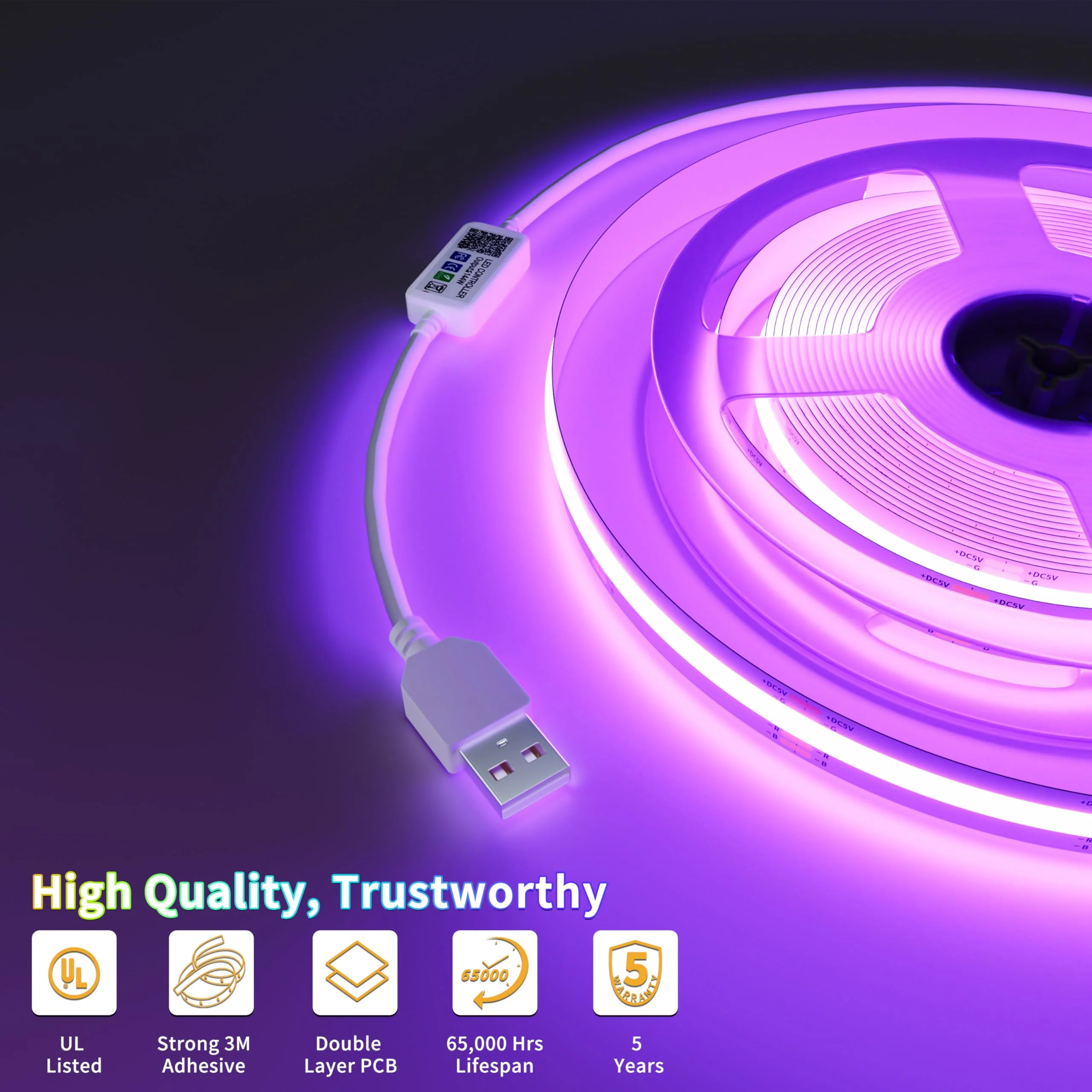 PAUTIX 5V USB COB RGB LED Strip Light 9.84ft/3m Color Changing Light Strips,TV Backlight Multicolor Flexible Under Cabinet Tape Lights with Bluetooth Control for Bedroom,Kitchen,Home DIY Lighting USB5V RGB/9.84ft - Image 5