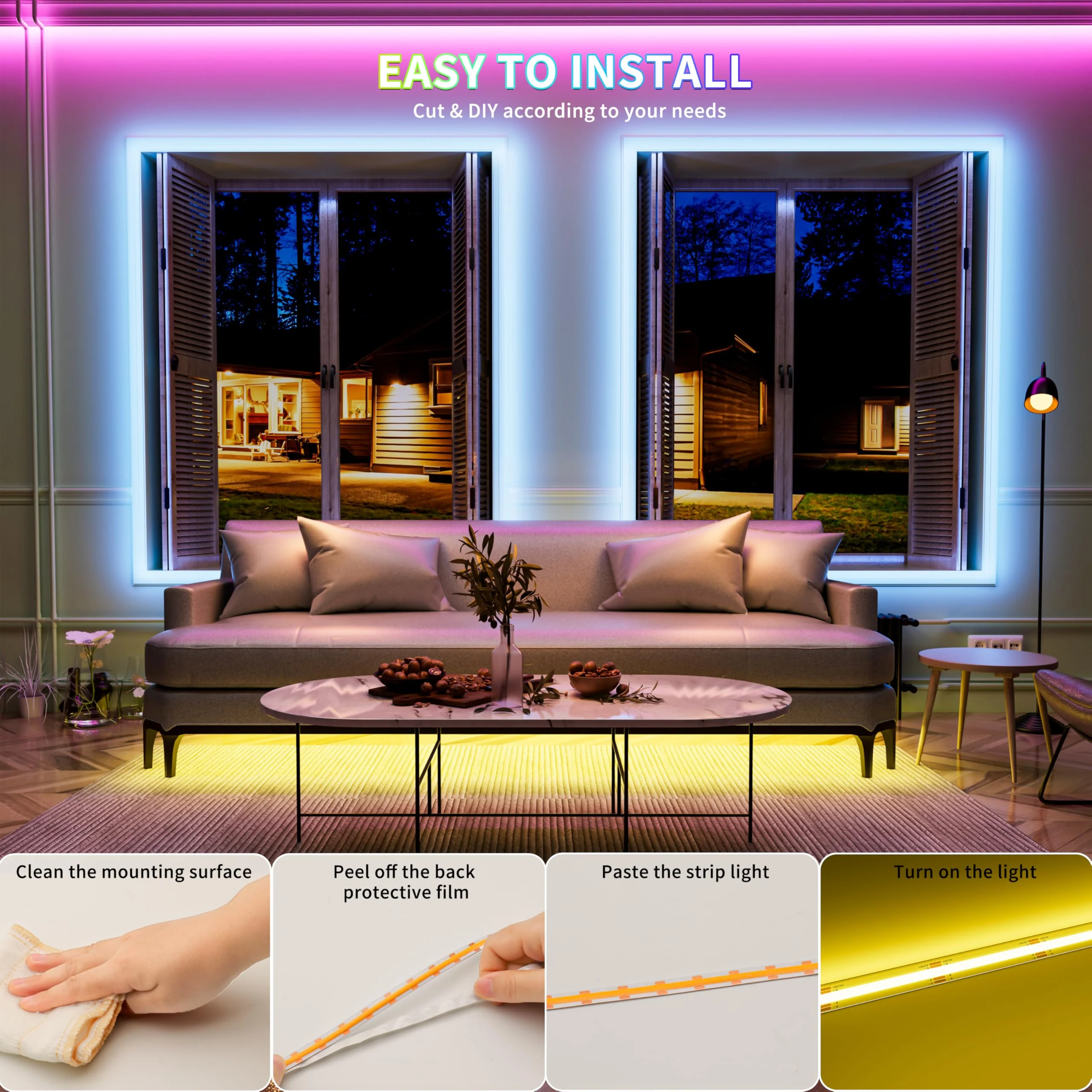 PAUTIX 5V USB COB RGB LED Strip Light 9.84ft/3m Color Changing Light Strips,TV Backlight Multicolor Flexible Under Cabinet Tape Lights with Bluetooth Control for Bedroom,Kitchen,Home DIY Lighting USB5V RGB/9.84ft - Image 8