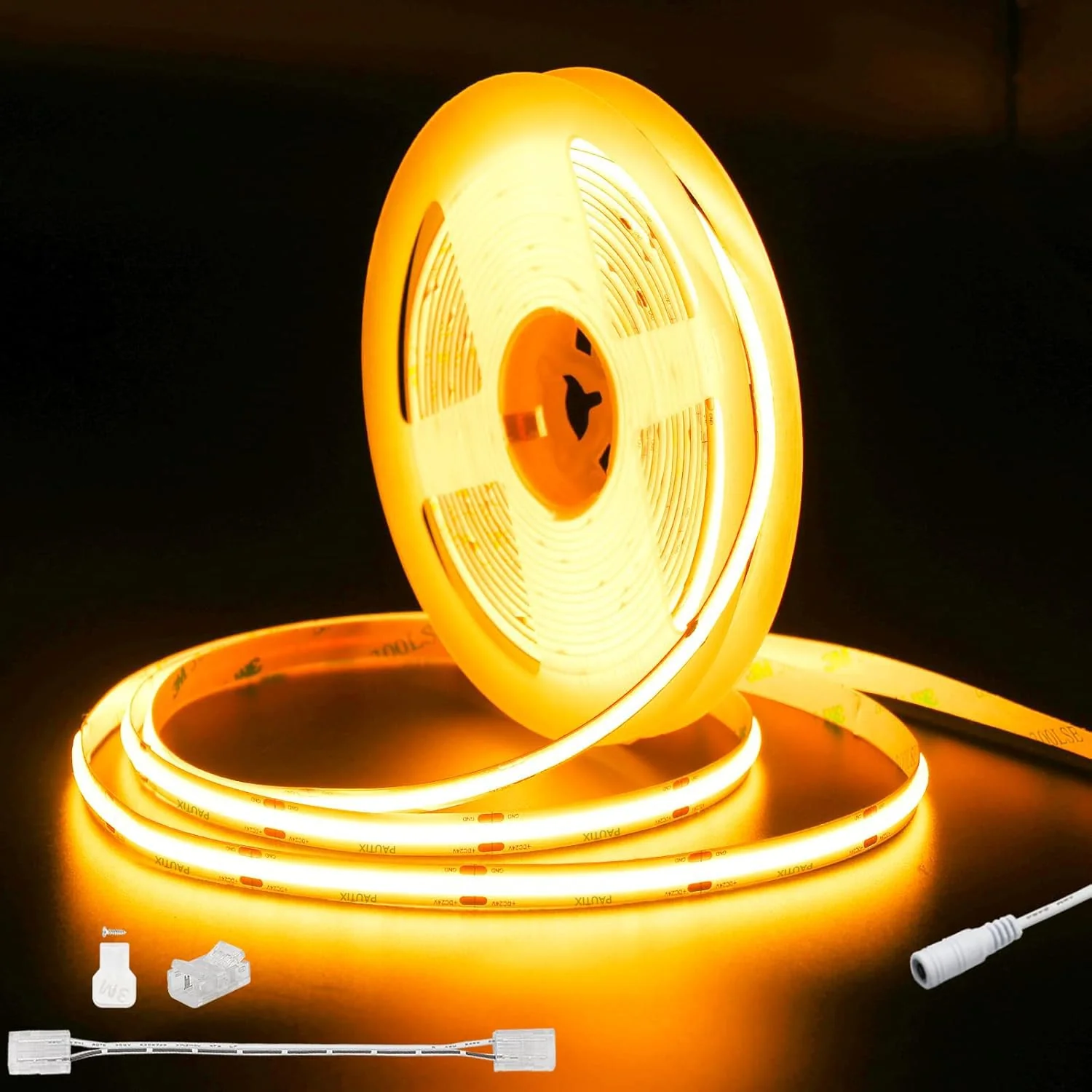 PAUTIX COB LED Strip Light 20ft/6.1m 3087LEDs Warm White 2000K CRI90+ High Lumen,DC24V Flexible LED Tape for Cabinet Home DIY Lighting Projects with 1pcs COB Connector Wire(Power Supply Not Included) 2000K/20ft