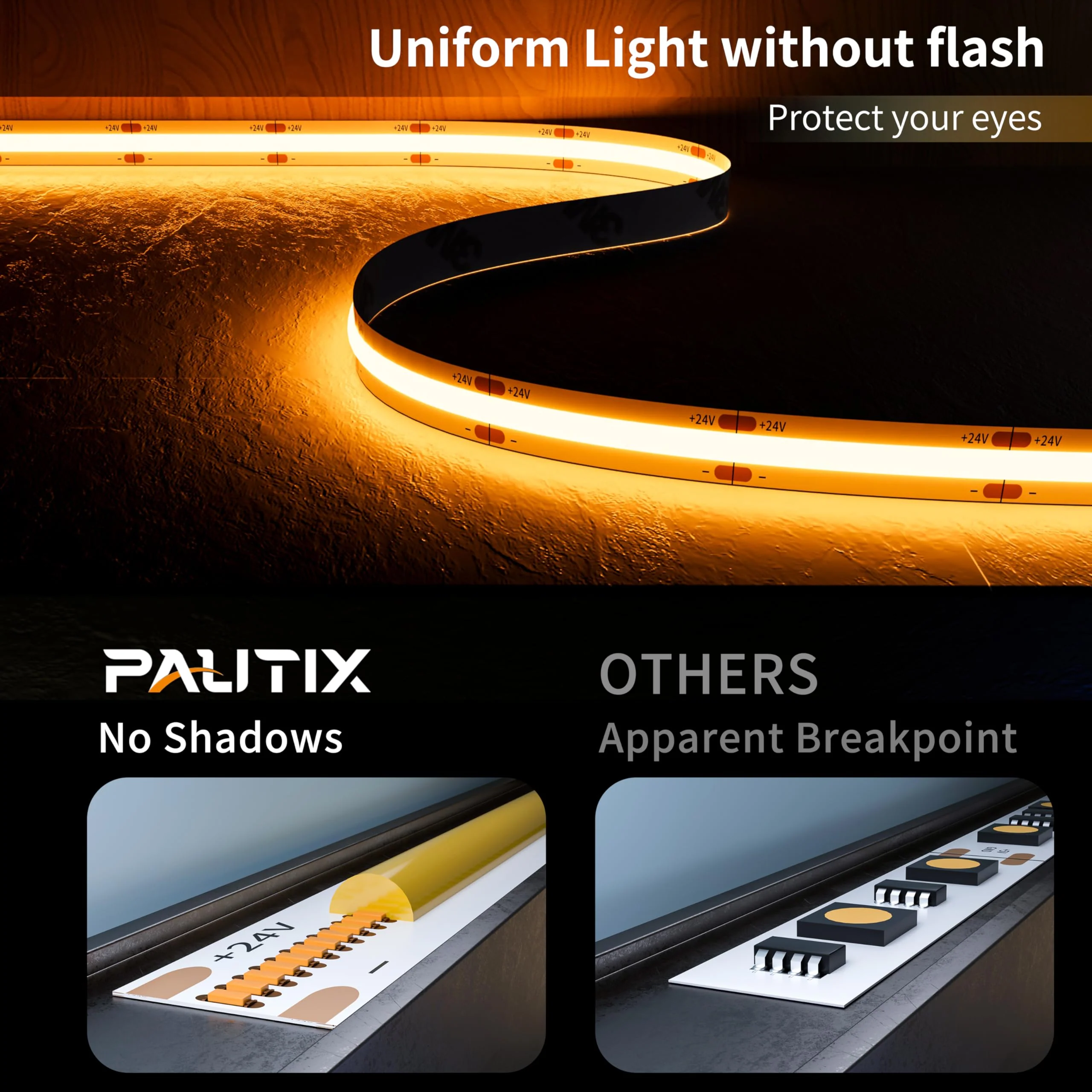PAUTIX COB LED Strip Light 20ft/6.1m 3087LEDs Warm White 2000K CRI90+ High Lumen,DC24V Flexible LED Tape for Cabinet Home DIY Lighting Projects with 1pcs COB Connector Wire(Power Supply Not Included) 2000K/20ft - Image 2