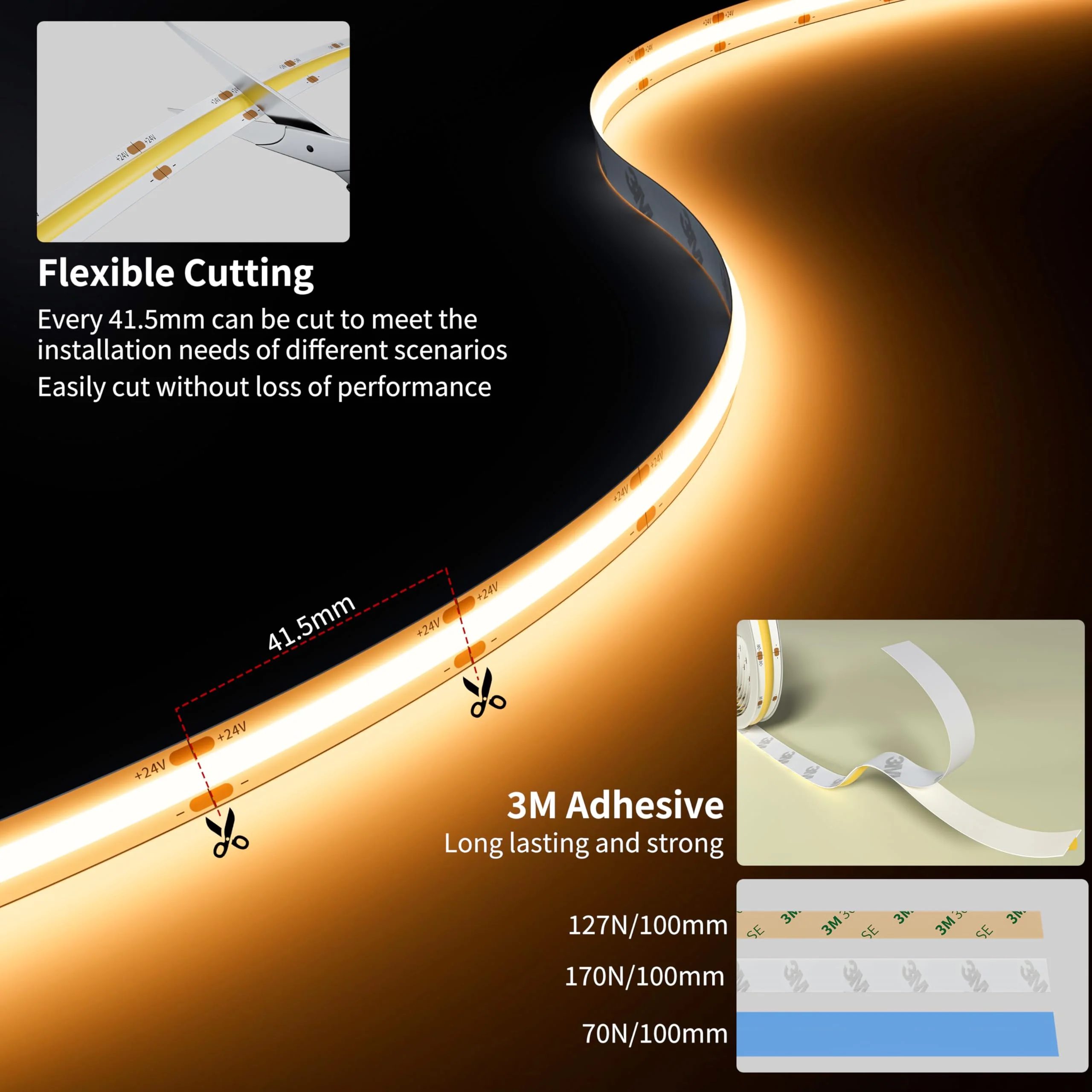 PAUTIX COB LED Strip Light 32.8ft/10m 5040LEDs Warm White 2700K,High Lumen Flexible CRI93+ LED Tape Super Bright DC24V,for Cabinet Home DIY Lighting Projects(Power Supply & Controller Not Included) 2700K/32.8ft - Image 5